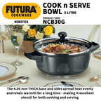 Hawkins Futura 3 Litre Cook n Serve Bowl, Non Stick Saucepan with Glass Lid, Sauce Pan for Cooking and Serving, Black (NCB30G)
