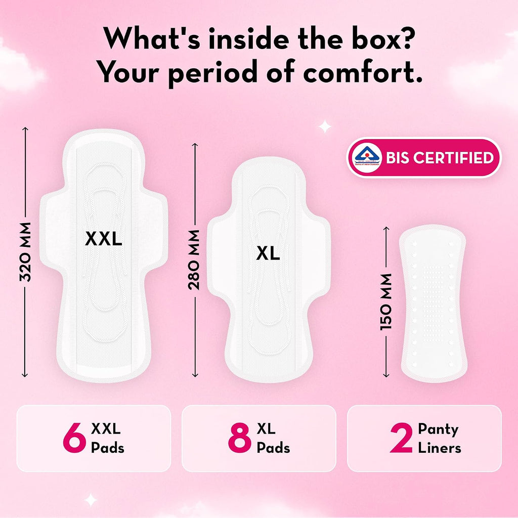 Plush Ultra-Thin Sanitary Napkins for Women, 14 Pcs | 8 XL Pads (Light-Medium Flow), 6 XXL Pads (Heavy Flow), 2 Panty Liners | 100% Rash-Free | Pure U.S. Cotton Sanitary Pads | No Fragrance | No Toxic-Chemicals