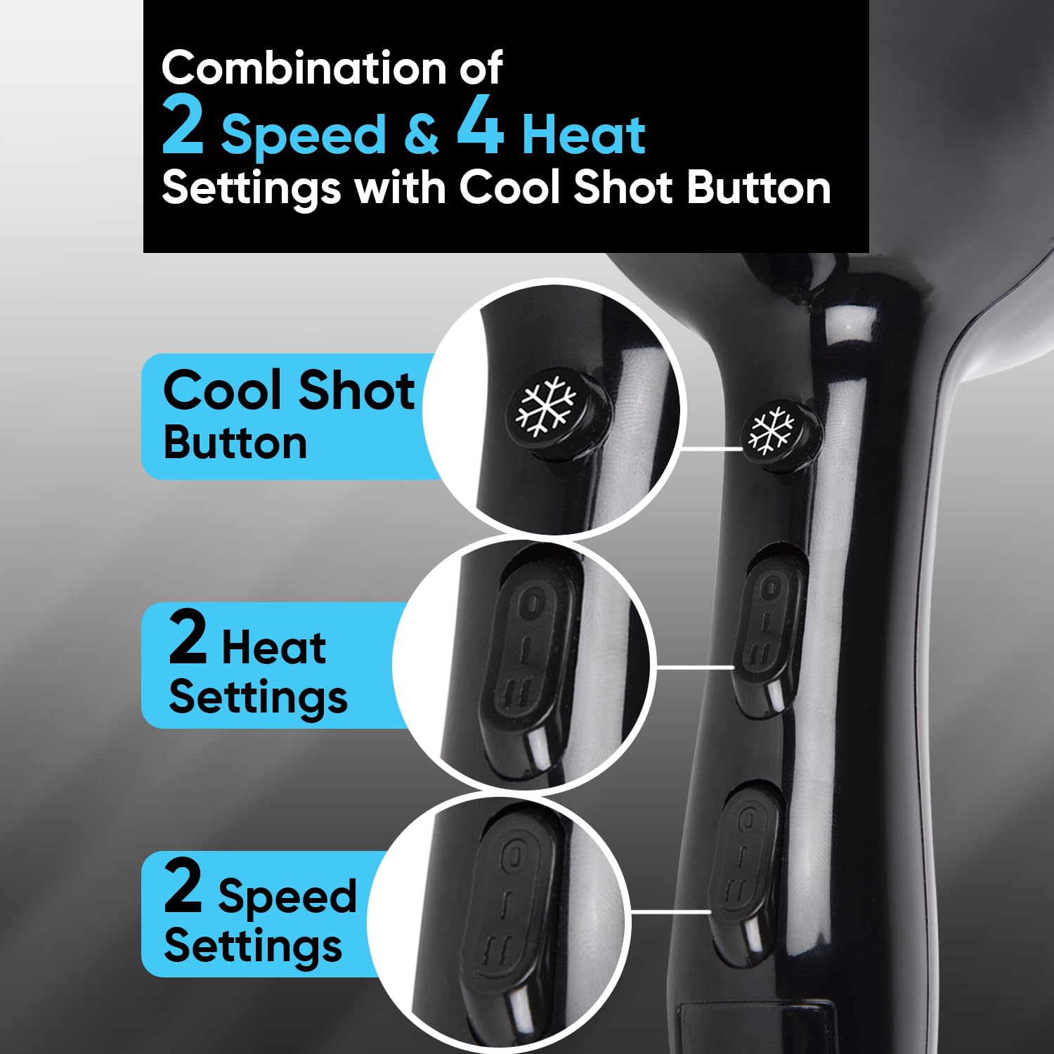 Vega VHDP-02 Professional Hair Dryer For Women & Men- (Pro Touch 1800-2000W) Cool Shot Button, 2 Heat/2 Speed Settings & 2 Detachable Nozzles|Black|2000 Watt