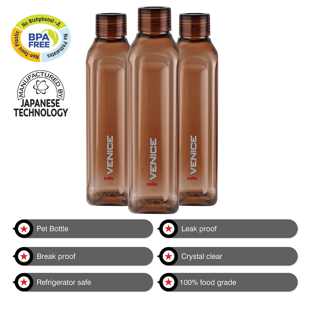 CELLO Venice Exclusive Edition Water Bottles Set of 3, 1000ml Each Brown | Unbreakable, Food Grade, Air Tight, Leakproof Bottle Set | Reusable Set of Fridge Pet Water Bottles For Home, Office, Gifting
