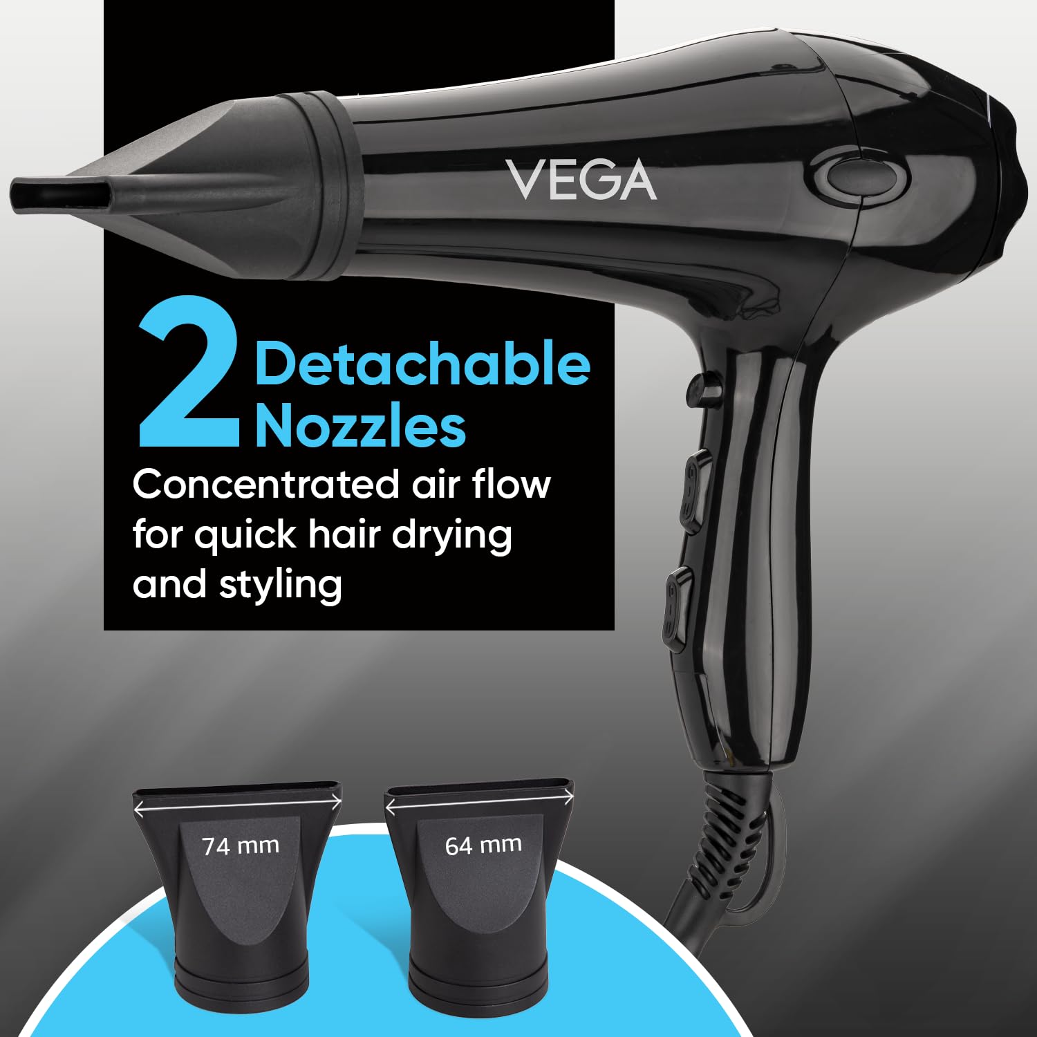 Vega VHDP-02 Professional Hair Dryer For Women & Men- (Pro Touch 1800-2000W) Cool Shot Button, 2 Heat/2 Speed Settings & 2 Detachable Nozzles|Black|2000 Watt