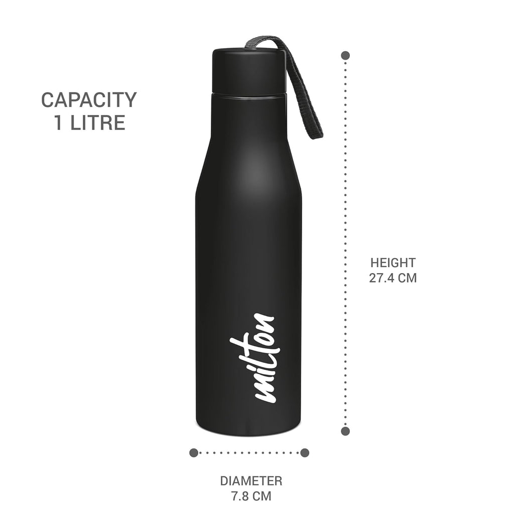 MILTON Super 1000 Stainless Steel Water Bottle 1 ltr, Single Walled, ISI Certified I Leak Proof Lid, Rust Proof I For School, Office, Gym I Black