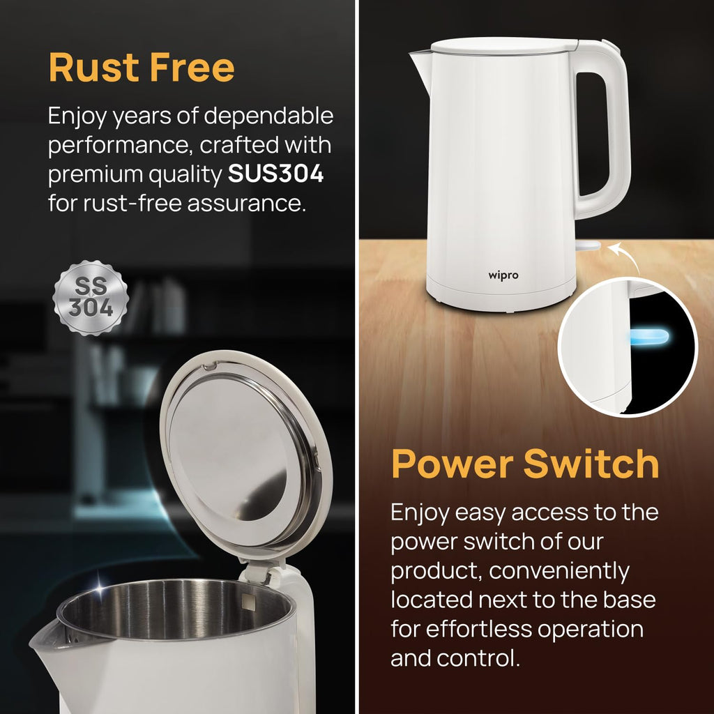 wipro ABS Elato BK210 Cool Touch Double Layer Electric Kettle, 1.5 Litres, Anti-Rust Shield, Super Fast Heating, 3X Protection-Overheating, Dry Boil & Auto Shut-Off,1000 Watts, 2 Years Warranty, White