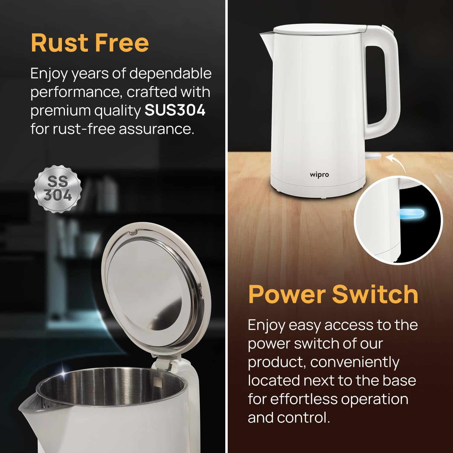 wipro ABS Elato BK210 Cool Touch Double Layer Electric Kettle, 1.5 Litres, Anti-Rust Shield, Super Fast Heating, 3X Protection-Overheating, Dry Boil & Auto Shut-Off,1000 Watts, 2 Years Warranty, White