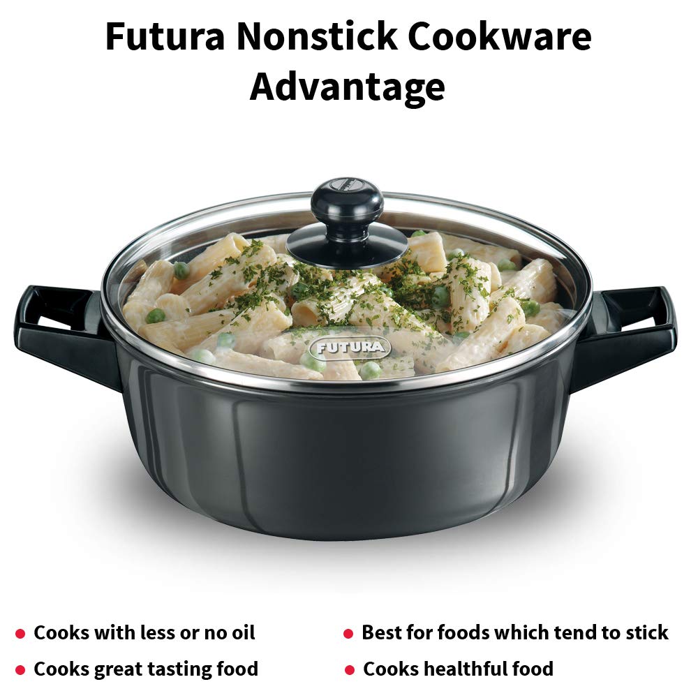 Hawkins Futura 3 Litre Cook n Serve Bowl, Non Stick Saucepan with Glass Lid, Sauce Pan for Cooking and Serving, Black (NCB30G)