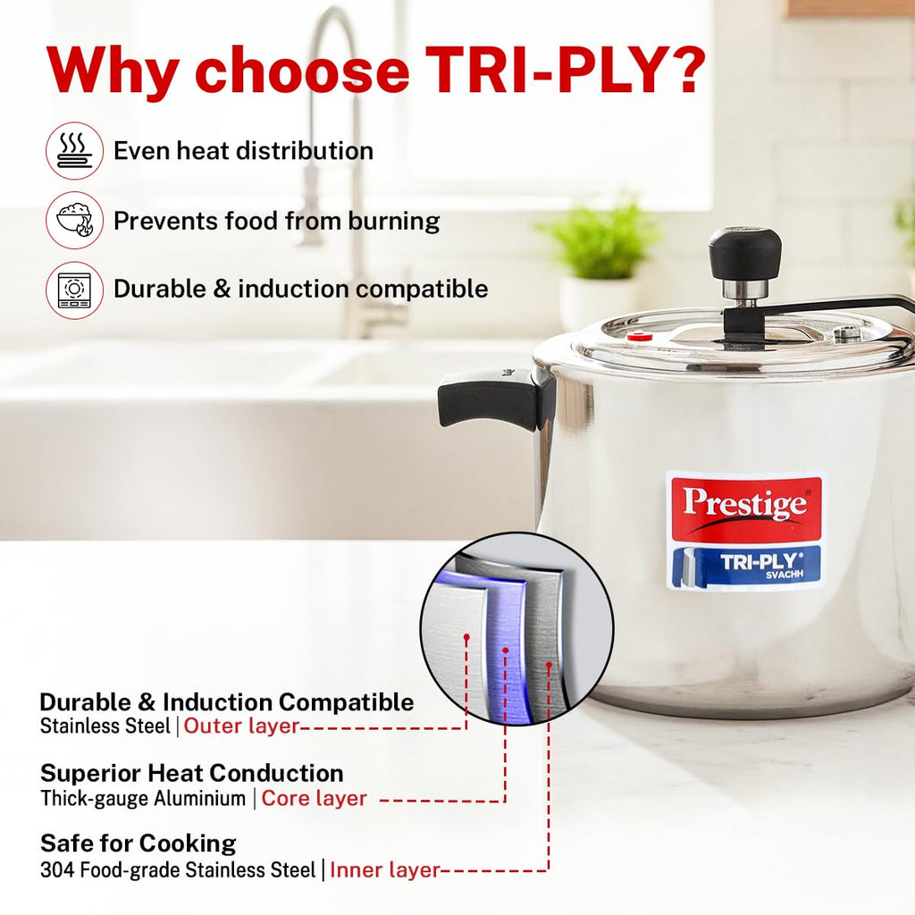 Prestige 5 Litre Triply Svachh Inner Lid Pressure Cooker|Gas & Induction Compatible|Deep lid for spillage control|Triply body for even heat distribution|Low Cooking Oil|5 Years Warranty|ISI Certified