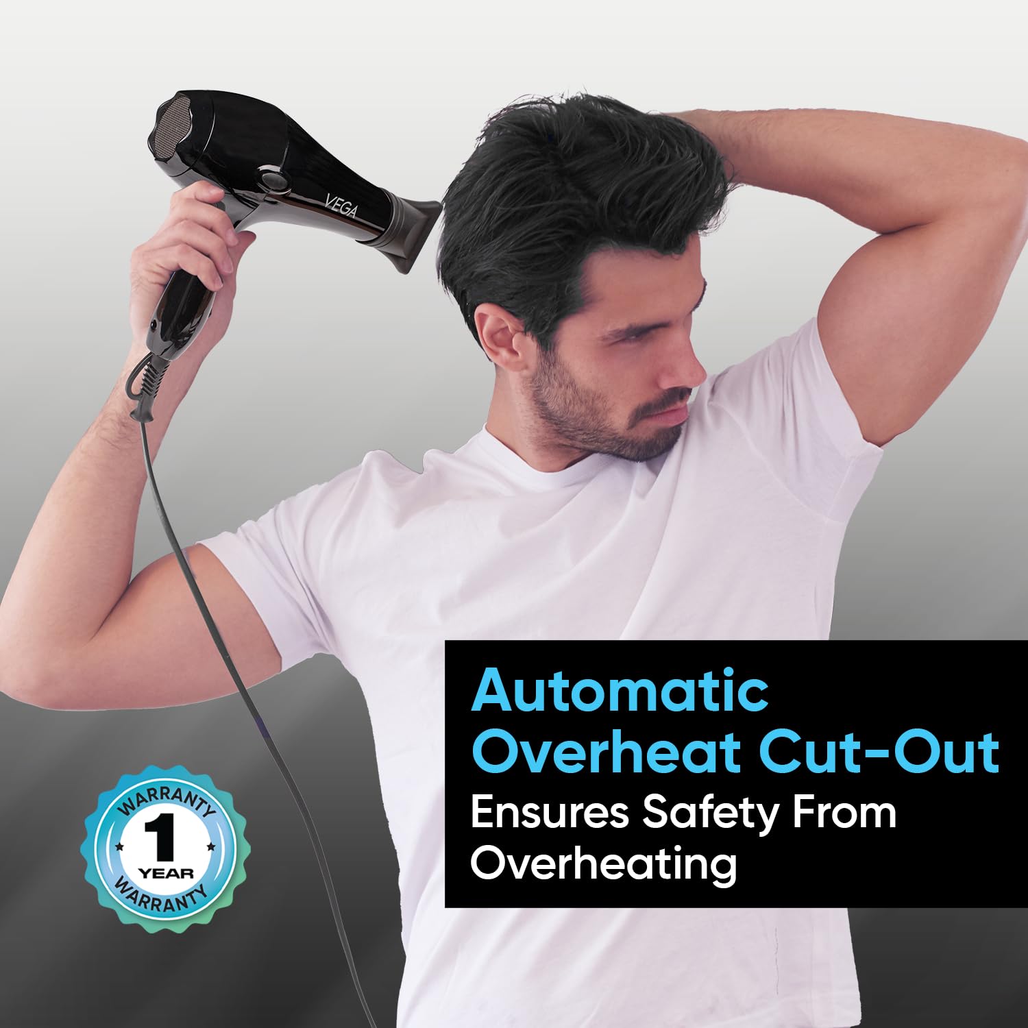 Vega VHDP-02 Professional Hair Dryer For Women & Men- (Pro Touch 1800-2000W) Cool Shot Button, 2 Heat/2 Speed Settings & 2 Detachable Nozzles|Black|2000 Watt