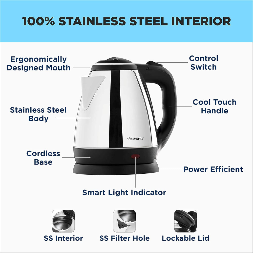 Butterfly EKN 1.5 Litre Stainless Steel Electric Kettle | 1500 W | 360 Swivel Power Base | Auto Shut Off | For Hot Water, Tea, Coffee, Noodles | Dry Boil Protection | (Pack of 2)