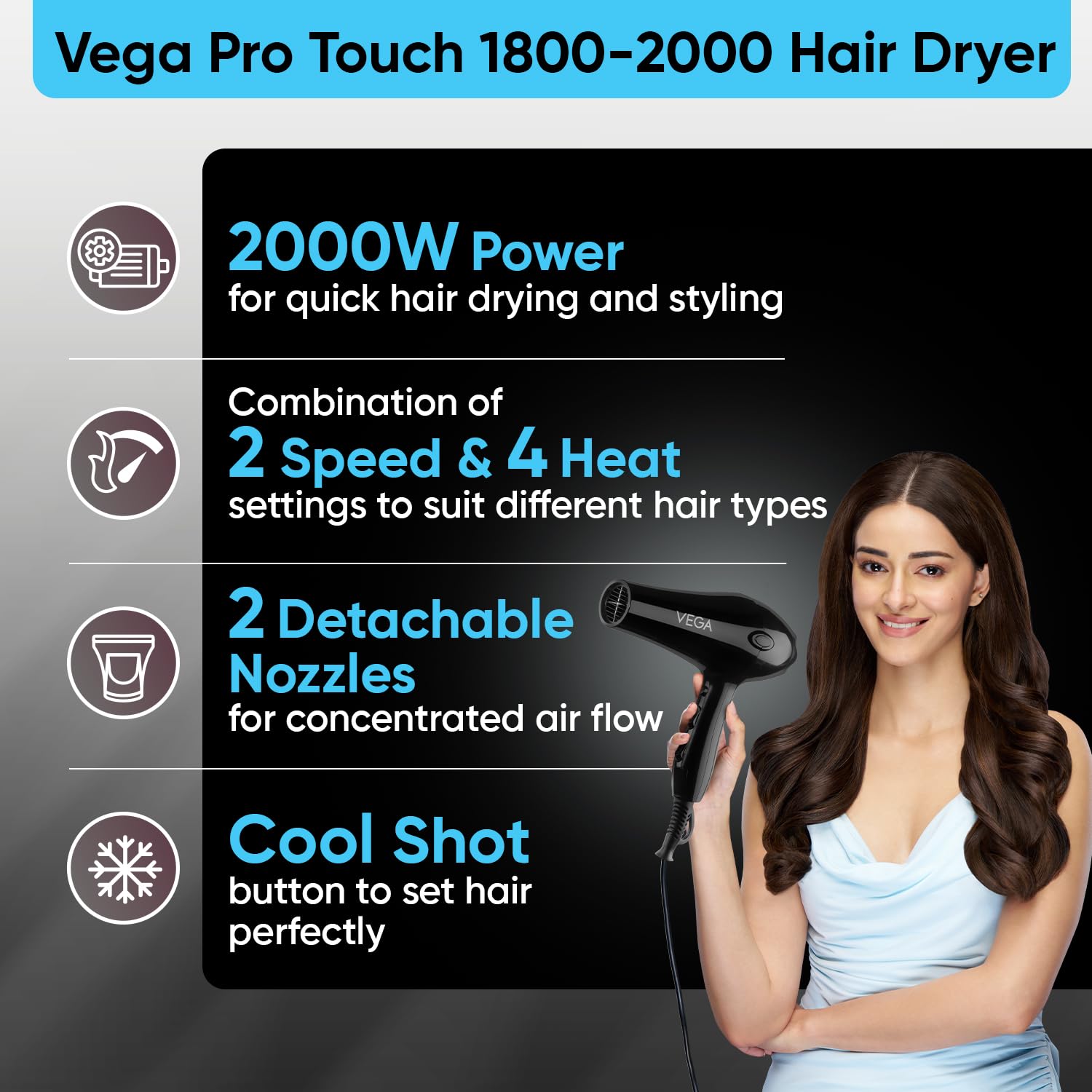 Vega VHDP-02 Professional Hair Dryer For Women & Men- (Pro Touch 1800-2000W) Cool Shot Button, 2 Heat/2 Speed Settings & 2 Detachable Nozzles|Black|2000 Watt