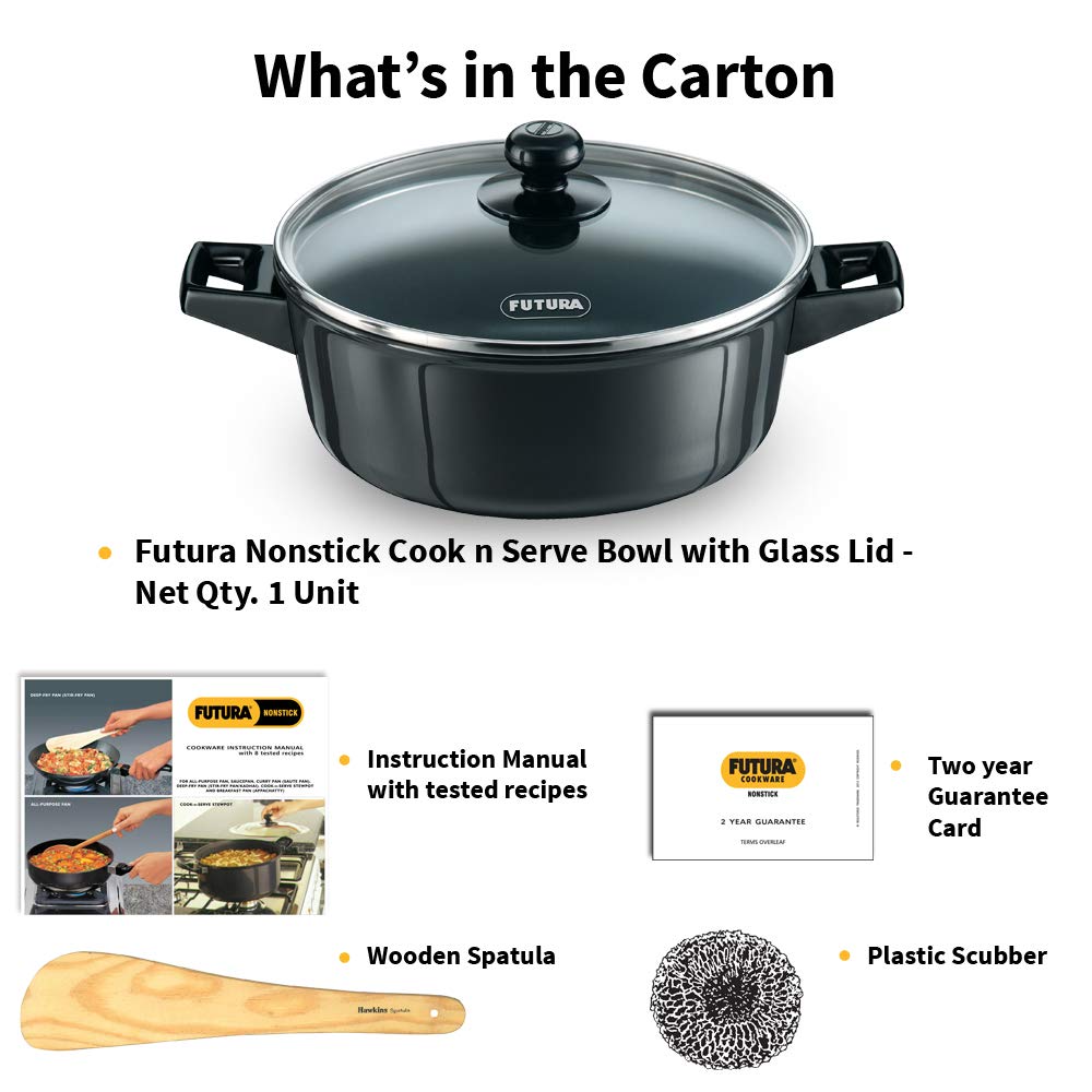 Hawkins Futura 3 Litre Cook n Serve Bowl, Non Stick Saucepan with Glass Lid, Sauce Pan for Cooking and Serving, Black (NCB30G)