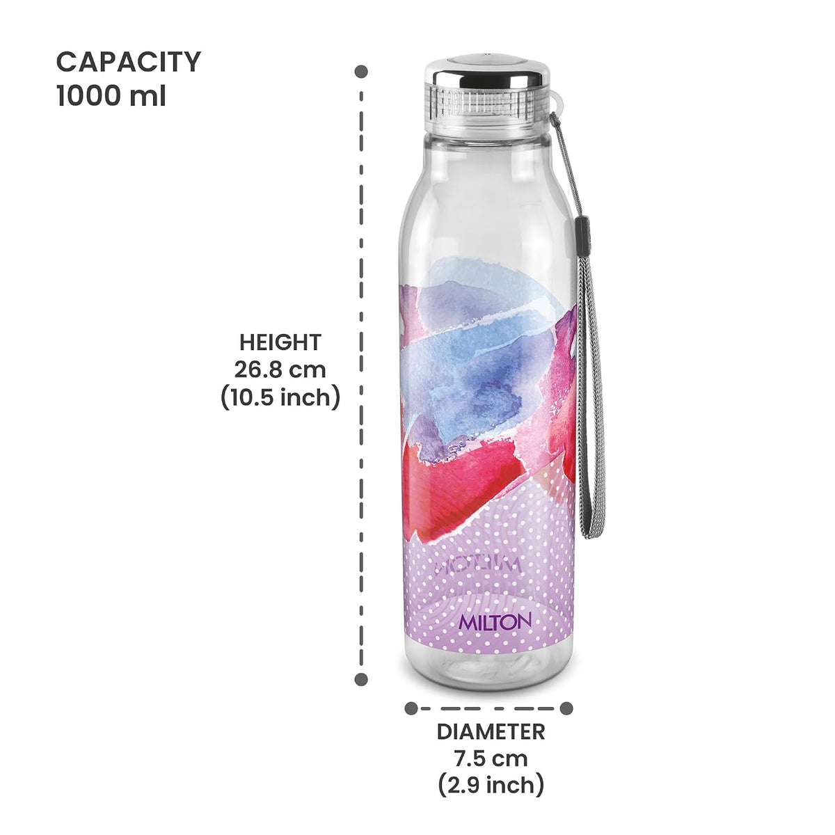 MILTON Helix 1000 Water Bottle, 1 Litre, Reusable Plastic Fridge Bottle, BPA Free and Leak Proof Bottles for Travel, Work, Pack of 1, Purple