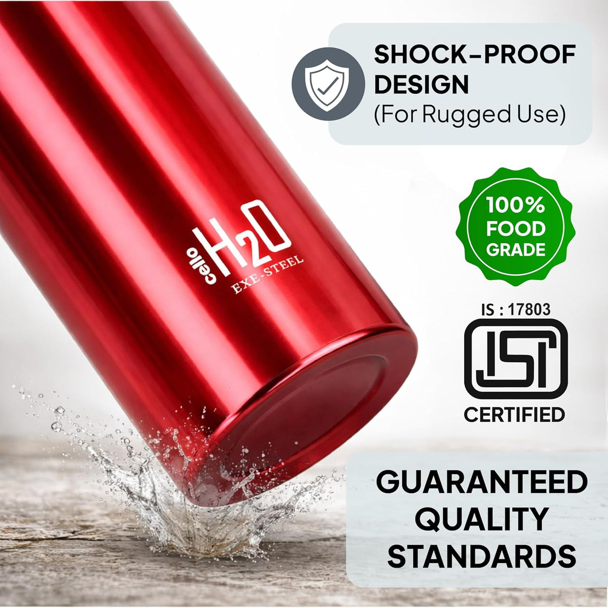 CELLO H2O Stainless Steel Water Bottle for Office & Daily Use 1000 ml, Red | Single Wall Freezer & Fridge Safe, Lightweight & Stylish Leakproof Rustproof Steel Water Bottle for School, Gym & Travel