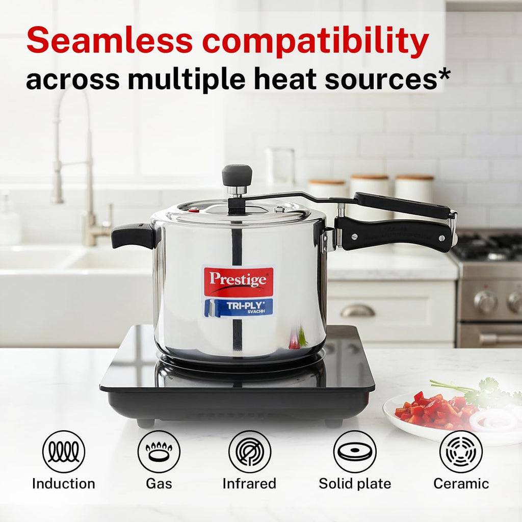 Prestige 5 Litre Triply Svachh Inner Lid Pressure Cooker|Gas & Induction Compatible|Deep lid for spillage control|Triply body for even heat distribution|Low Cooking Oil|5 Years Warranty|ISI Certified
