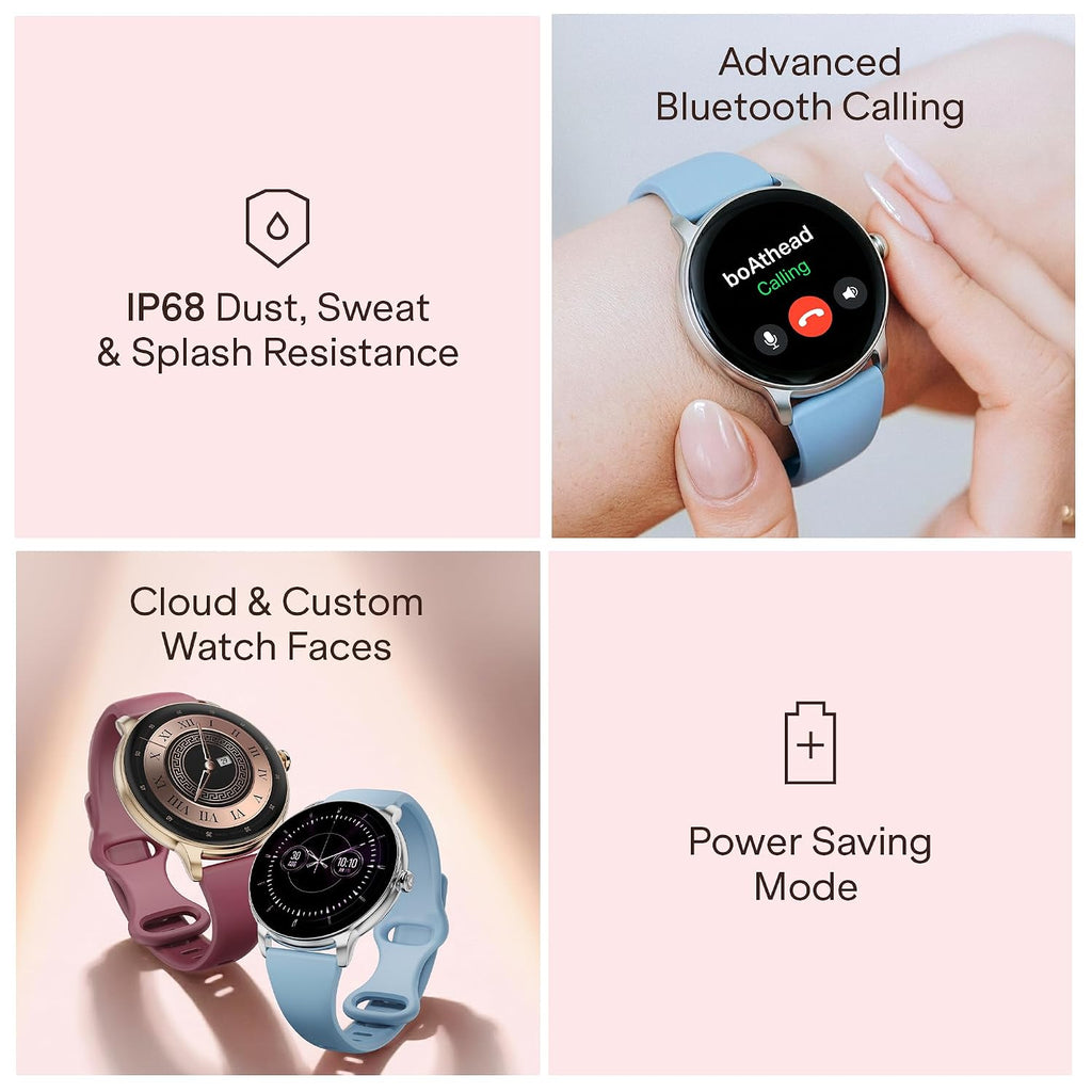 boAt Chrome Iris Fashion Smart Watch for Women - Elegant Ultra-Sleek Dial, Light-Weight Metal Body, 1.32" AMOLED Display, 1000 Nits, AOD, Female Wellness Tracking Watch for Woman (Frosted Sky)
