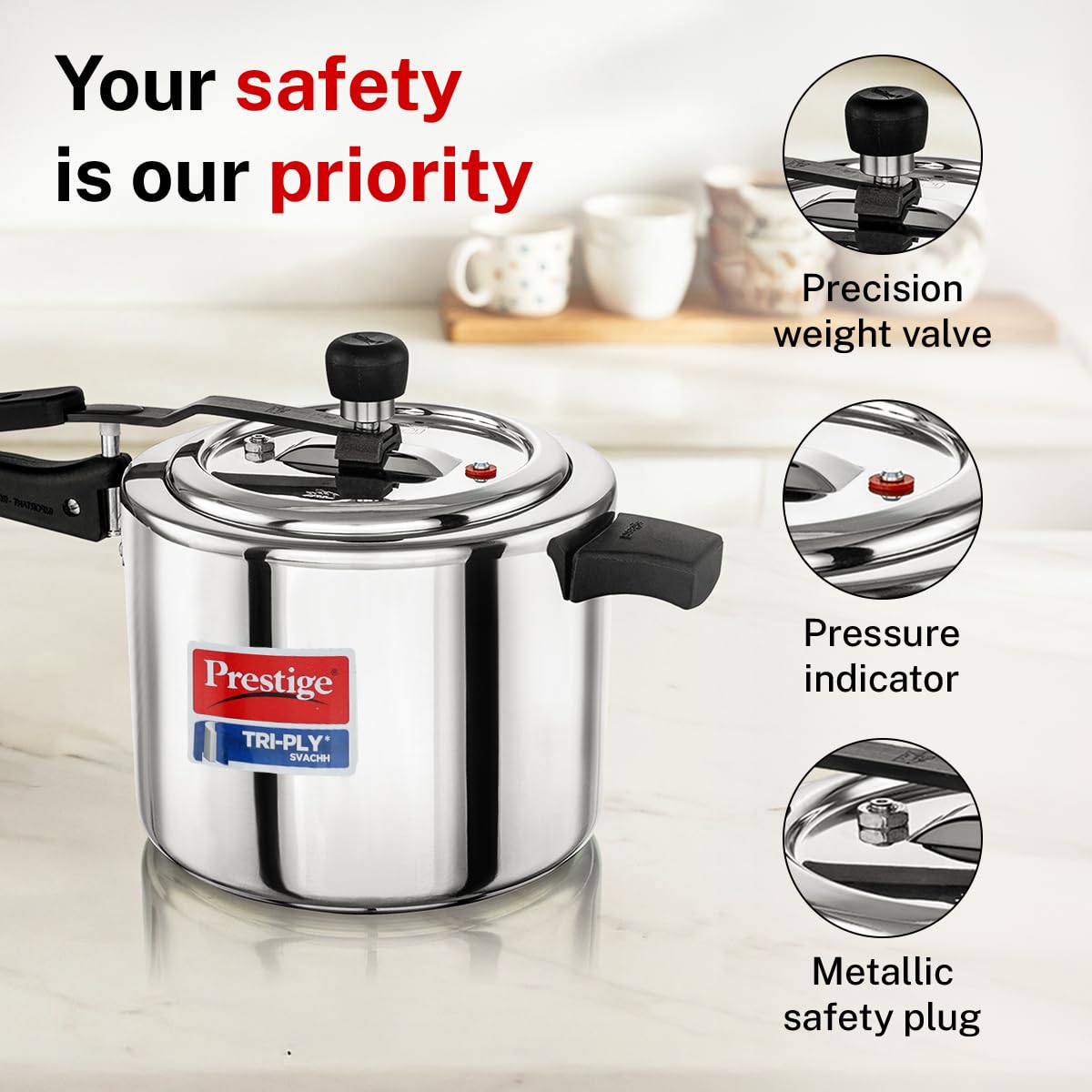 Prestige 5 Litre Triply Svachh Inner Lid Pressure Cooker|Gas & Induction Compatible|Deep lid for spillage control|Triply body for even heat distribution|Low Cooking Oil|5 Years Warranty|ISI Certified