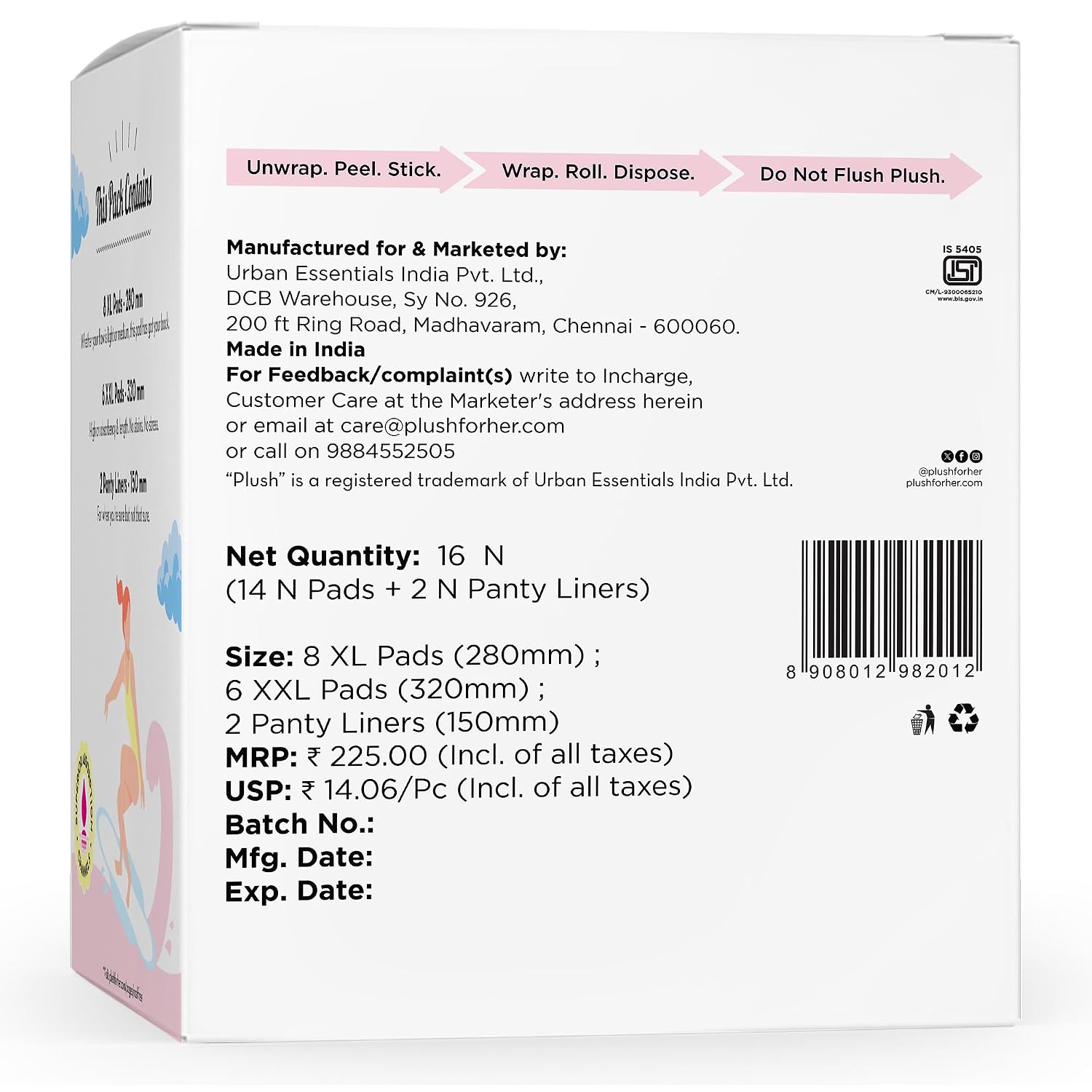 Plush Ultra-Thin Sanitary Napkins for Women, 14 Pcs | 8 XL Pads (Light-Medium Flow), 6 XXL Pads (Heavy Flow), 2 Panty Liners | 100% Rash-Free | Pure U.S. Cotton Sanitary Pads | No Fragrance | No Toxic-Chemicals