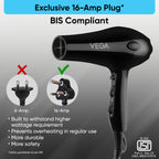 Vega VHDP-02 Professional Hair Dryer For Women & Men- (Pro Touch 1800-2000W) Cool Shot Button, 2 Heat/2 Speed Settings & 2 Detachable Nozzles|Black|2000 Watt