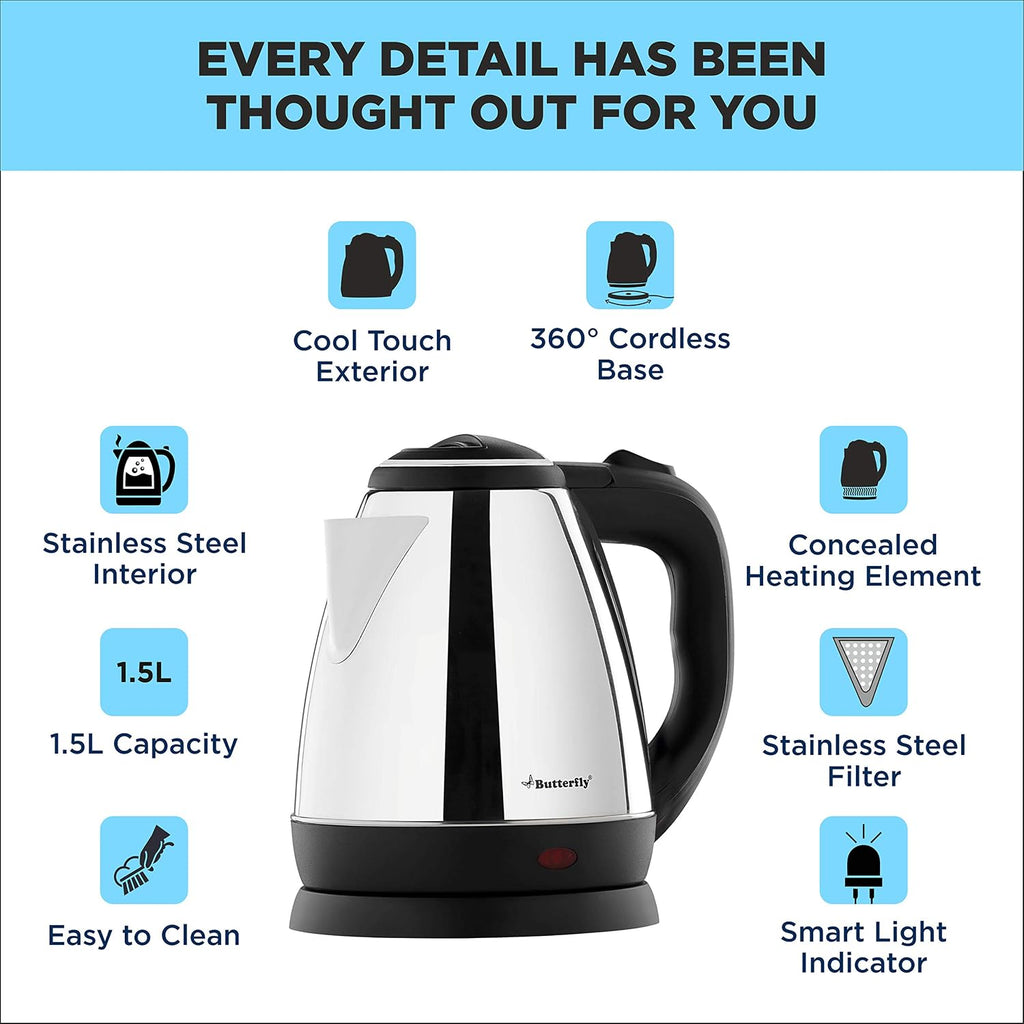 Butterfly EKN 1.5 Litre Stainless Steel Electric Kettle | 1500 W | 360 Swivel Power Base | Auto Shut Off | For Hot Water, Tea, Coffee, Noodles | Dry Boil Protection | (Pack of 2)