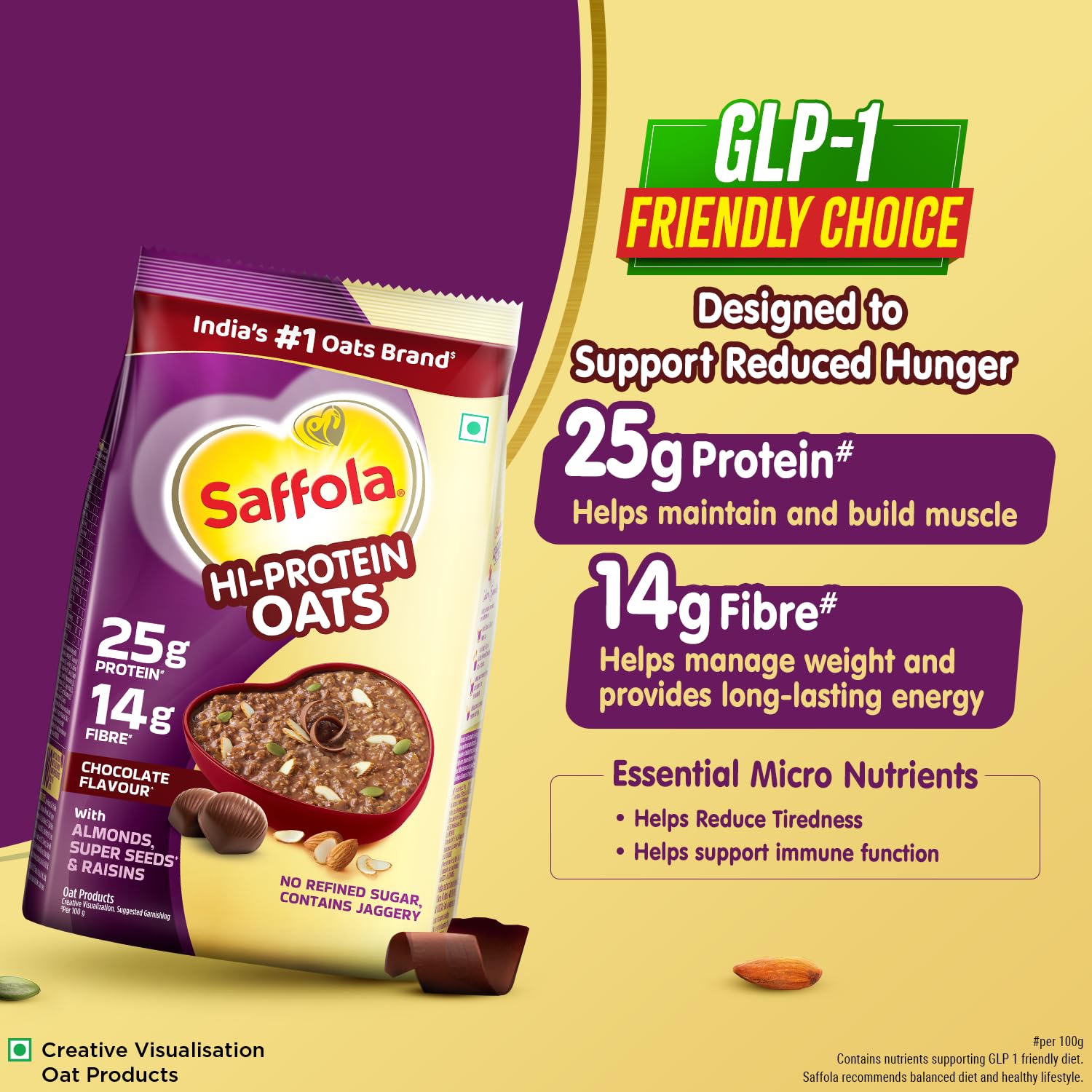 Saffola 25g High Protein Oats | 14g Fibre | 400g | No Refined Sugar | With Almonds, Raisin, Pumpkin and Chia Seeds | Rolled Oats for Weight management & Muscle gain | Chocolate flavour