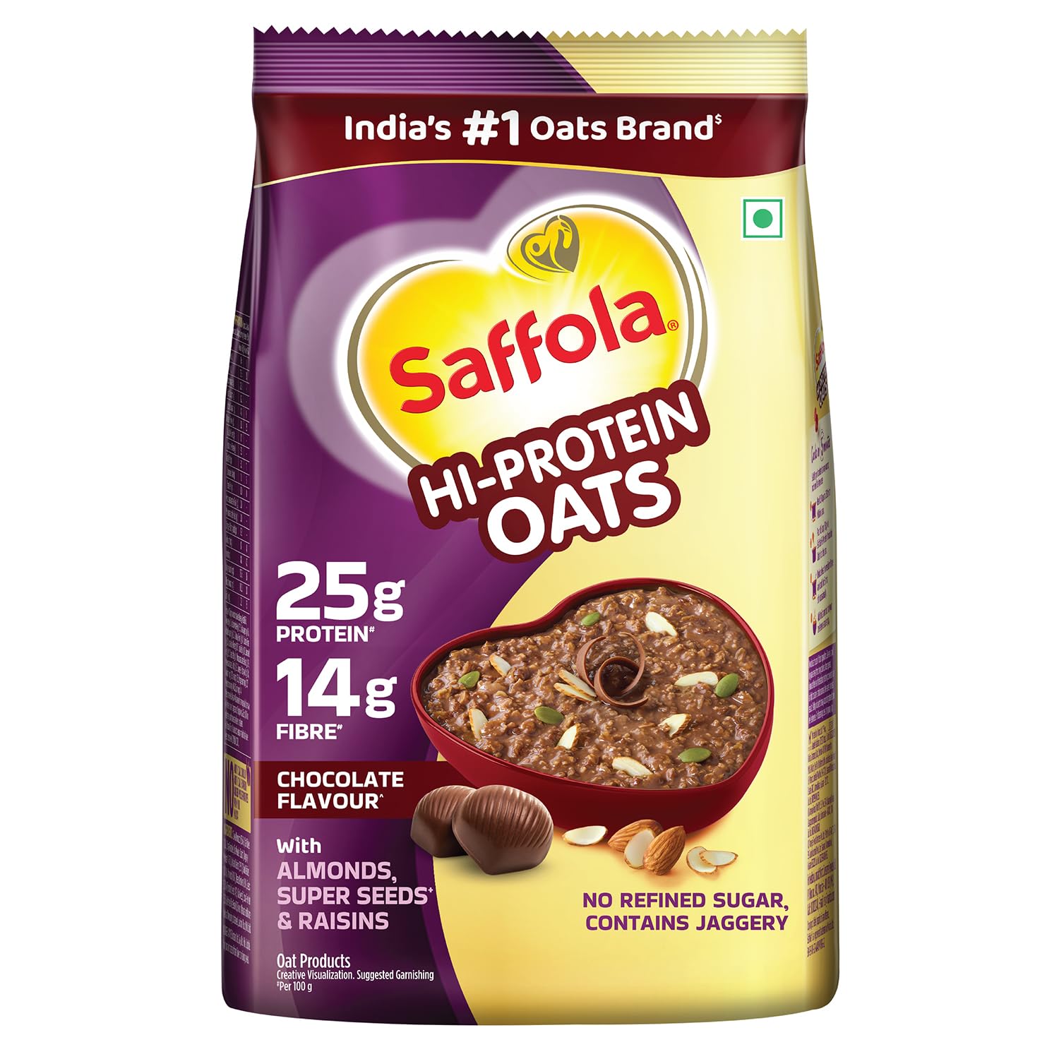 Saffola 25g High Protein Oats | 14g Fibre | 400g | No Refined Sugar | With Almonds, Raisin, Pumpkin and Chia Seeds | Rolled Oats for Weight management & Muscle gain | Chocolate flavour