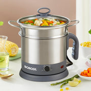 Borosil 1.3L Quick Made in India Electric Steel Kettle with Steamer | Temperature Control Knob, Overheat Protection | For Boiling & Steaming Vegetables, Momo, Egg, Tea, Coffee | 1 Year Warranty