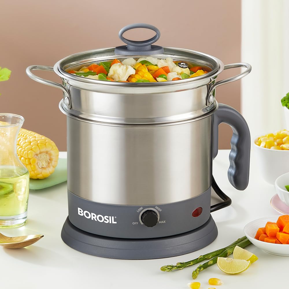 Borosil 1.3L Quick Made in India Electric Steel Kettle with Steamer | Temperature Control Knob, Overheat Protection | For Boiling & Steaming Vegetables, Momo, Egg, Tea, Coffee | 1 Year Warranty