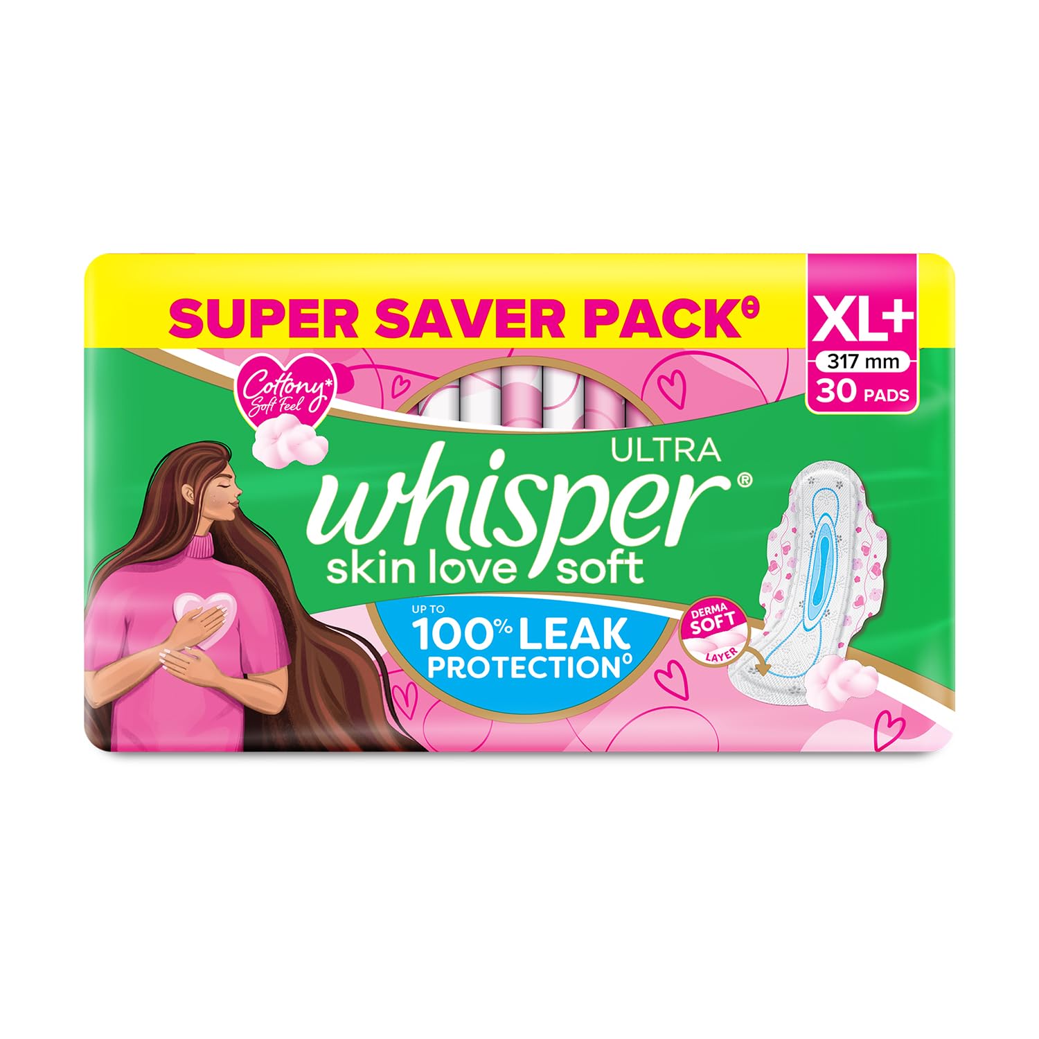 Whisper Ultra Skin Love Soft Sanitary Pads for Women, XL+ 30 Pads