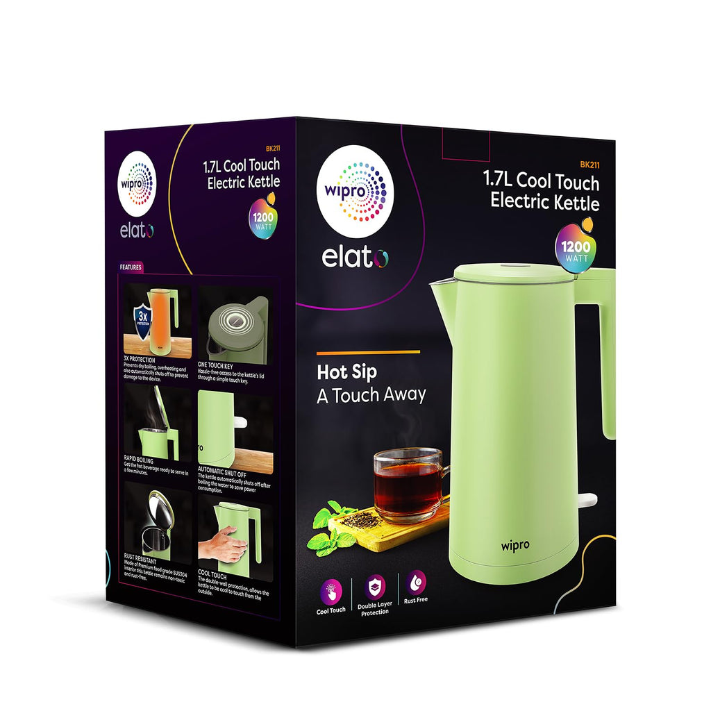 wipro ABS Elato BK211 Cool Touch Double Layer Electric Kettle, 1.7 Litres, Anti-Rust Shield, Super Fast Heating, 3X Protection-Overheating, Dry Boil & Auto Shut-Off,1200 Watts, 2 Years Warranty, Green