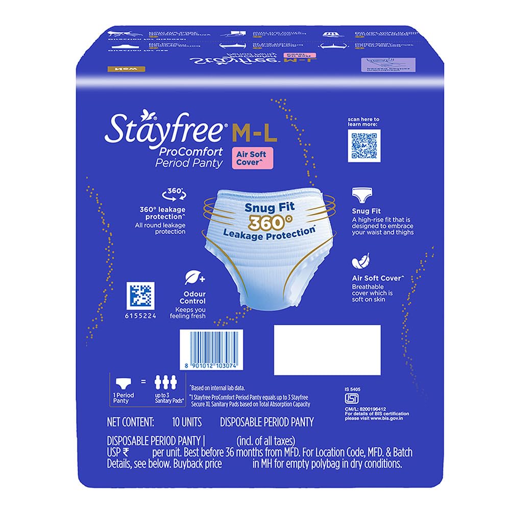 Stayfree ProComfort Period Panty for Women | Disposable Period Pants Pack of 10, M - L | Air Soft Cover | 360° Leakage Protection for Heavy Flow | Snug Fit | Odour Control