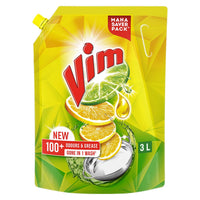 Vim Dishwash Liquid 3 L pouch | Removes 100+ Odours & Grease in 1 wash | With the power of 100 Lemons