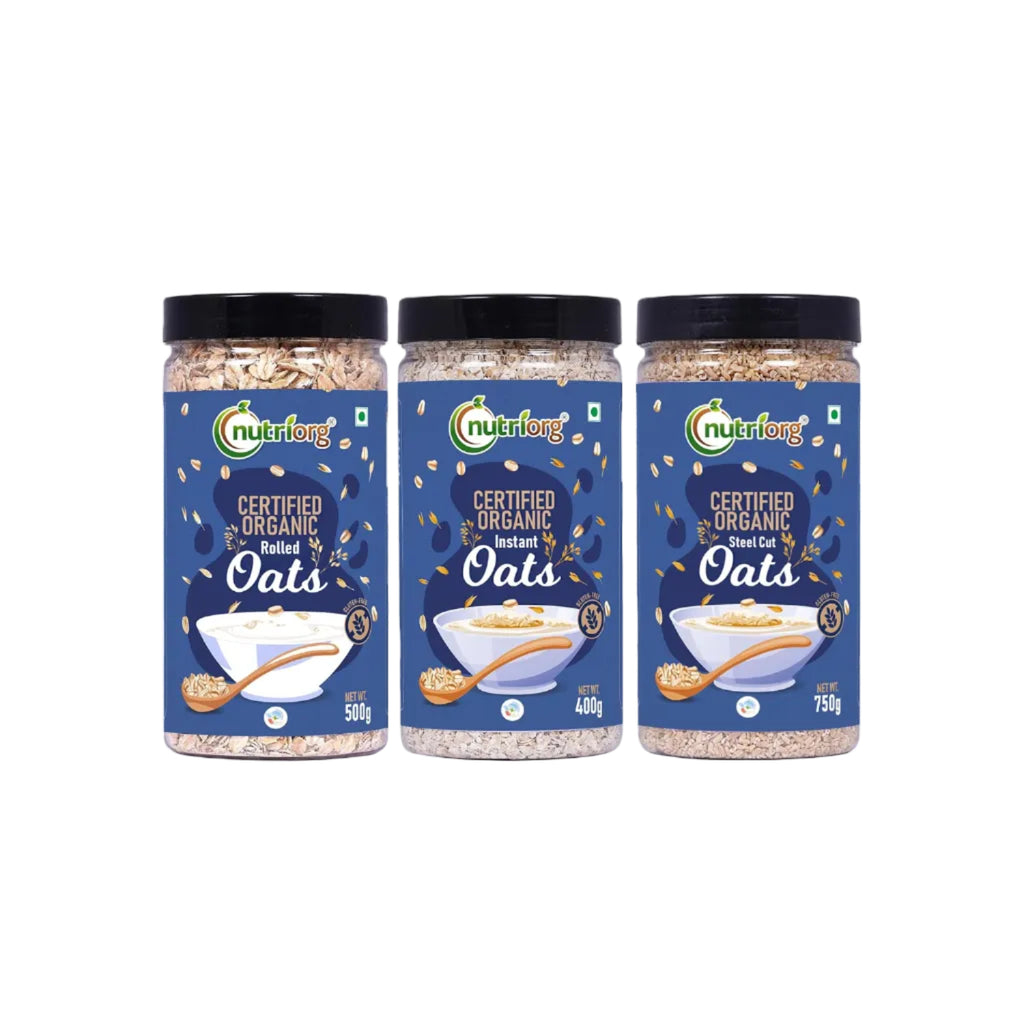 Nutriorg Organic Rolled, Instant & Steel Cuts Oats (Combo Of 3) | USDA Certified | Weight Management | Whole Grain | Fiber & Protein Rich Oats