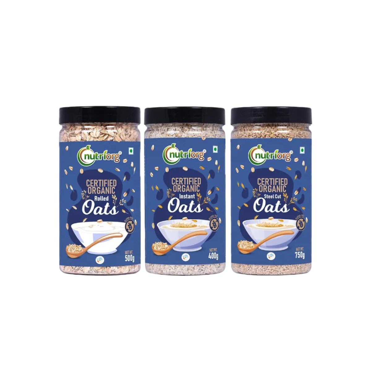 Nutriorg Organic Rolled, Instant & Steel Cuts Oats (Combo Of 3) | USDA Certified | Weight Management | Whole Grain | Fiber & Protein Rich Oats