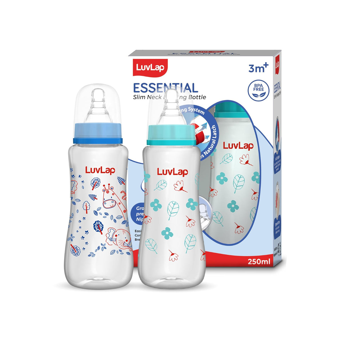 LuvLap Anti-Colic Slim/Regular Neck Essential Baby Plastic Feeding Bottle, 250Ml (Pack of 8), New Born/Infants/Toddler Upto 3 Years, Jungle Tales & Wild Flowers, BPA Free,Blue