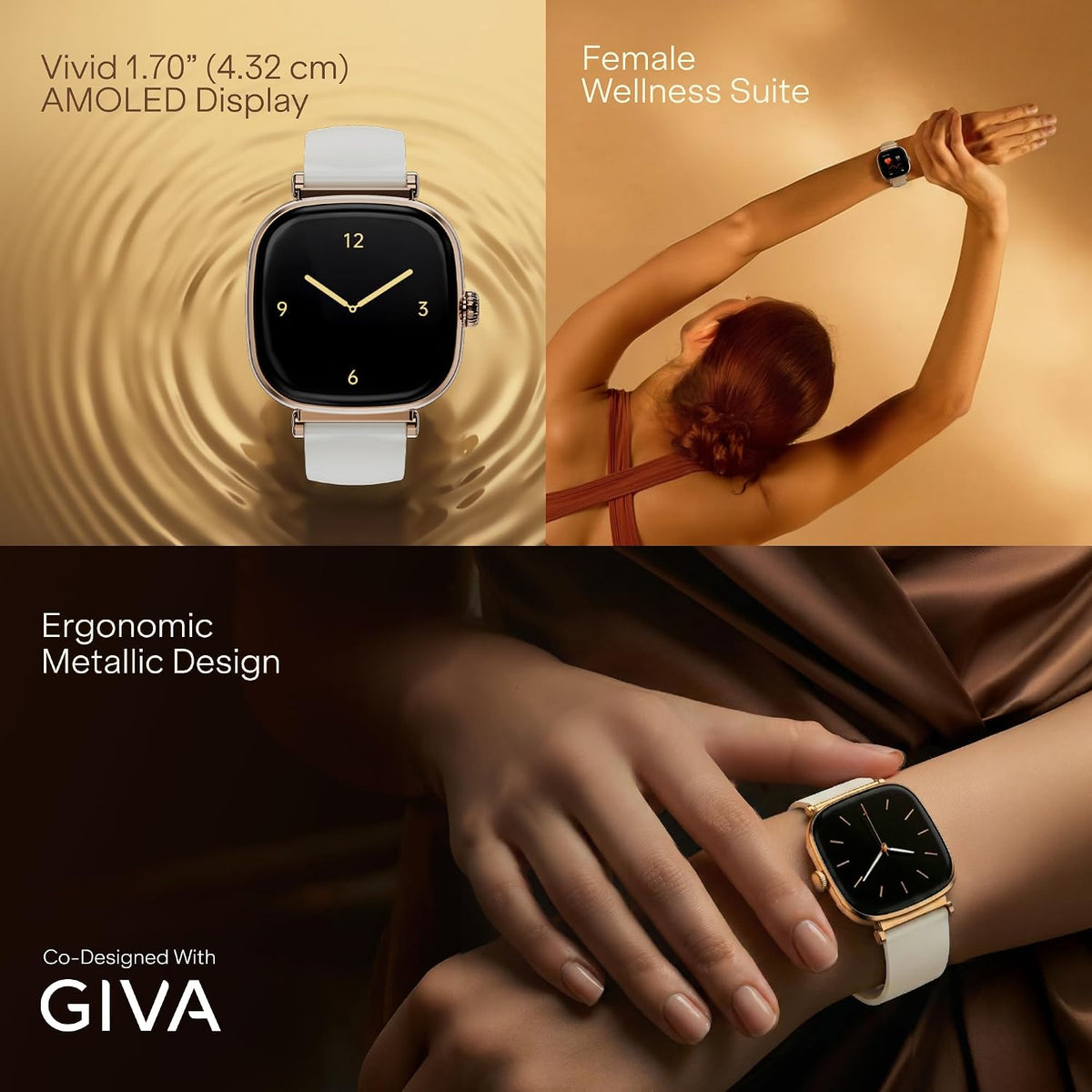 boAt Chrome Ivory Smart Watch for Women, co-Designed with GIVA, 1.7" AMOLED Display, 1000 nits Brightness, Premium Metallic Build, Female Wellness Tracker smartwatch for Women (Pearl Glow)