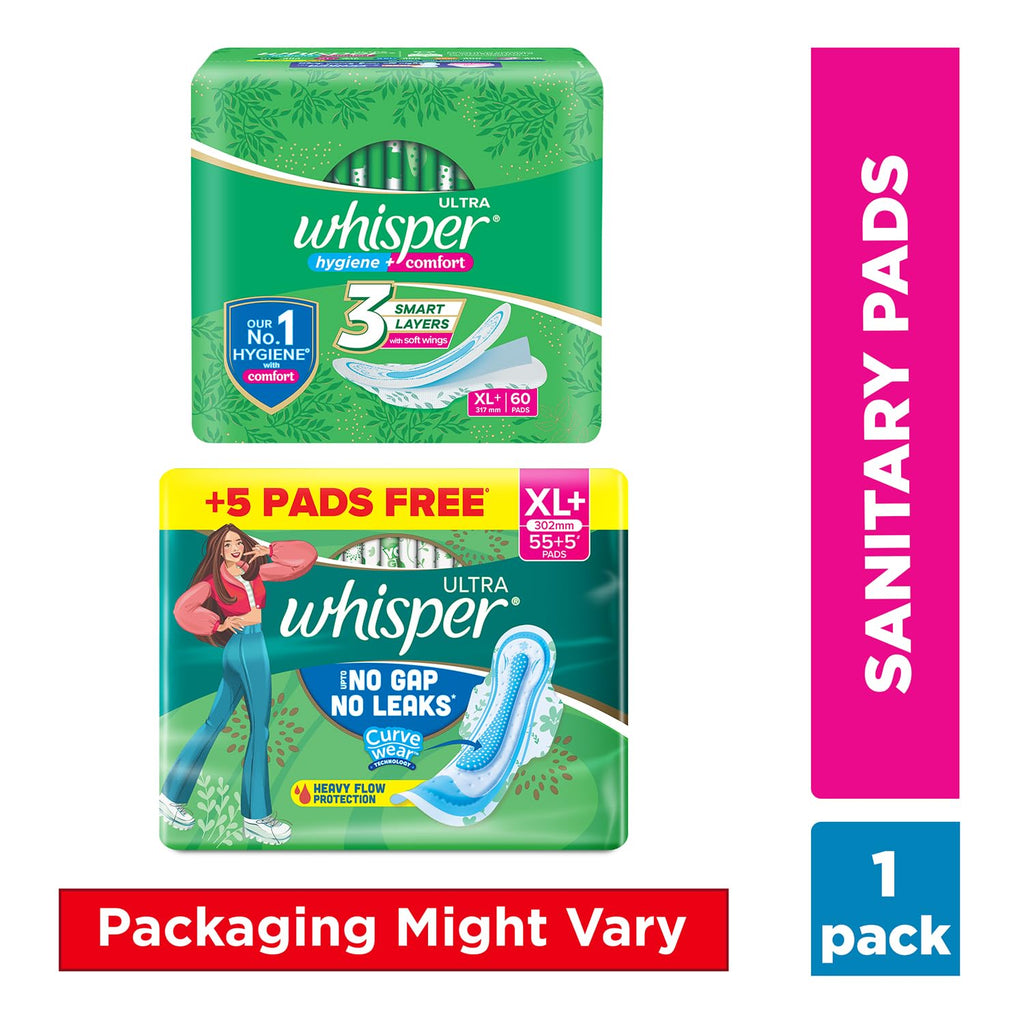 Whisper Ultra Clean Sanitary Pads for Women, XL Plus, Pack of 60 Napkins