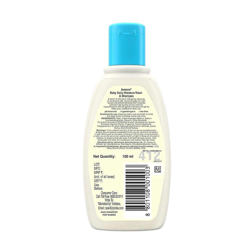 Aveeno Baby Daily Moisture Wash and Shampoo (100ml) | Cleanses hair & body | Oat kernel extract & glycerin | Tear-free, soap-free, paraben-free, hypoallergenic | US #1 Pediatrician recommended