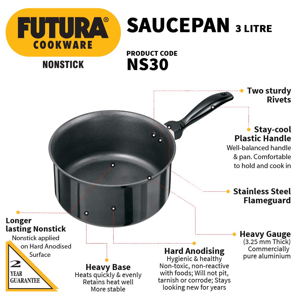 Hawkins Futura 3 Litre Saucepan, Non Stick Sauce Pan, Small Sauce Pan, Black (NS30)