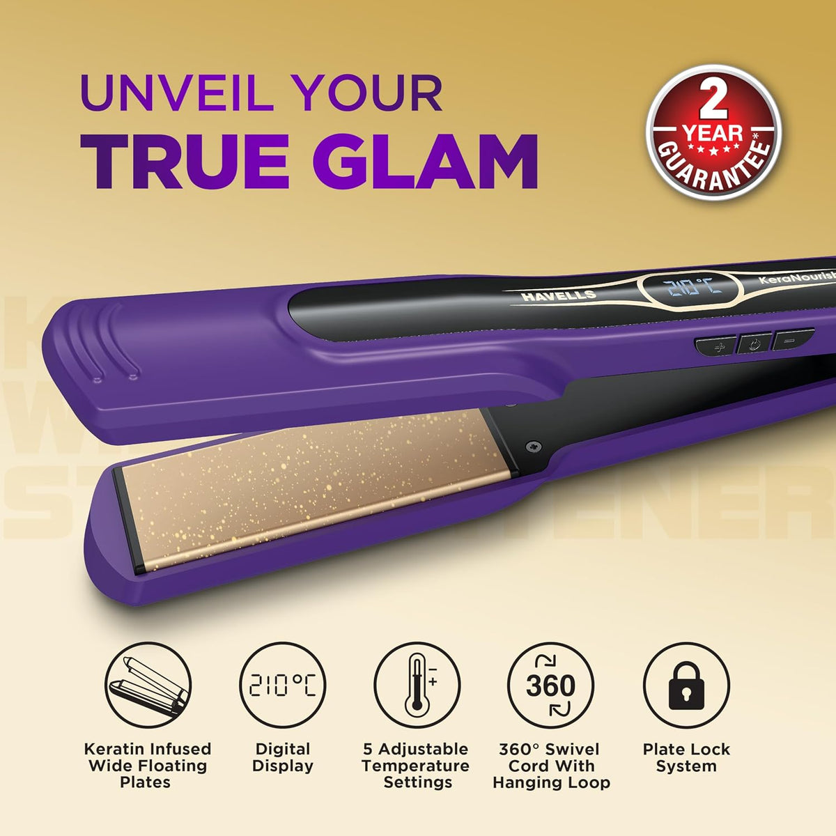 Havells Wide Hair Straightener|KeraNourish| 5 Adjustable Temperature Settings| Digital Display|For All Hair Types|Worldwide Voltage|HS4222