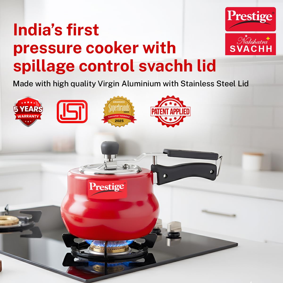 Prestige 2L Nakshatra DUO Plus Svachh Inner Lid Aluminium Handi|Ideal for 2-3 persons|Deep lid for Spillage Control|Gas or induction compatible|Red|5 years warranty