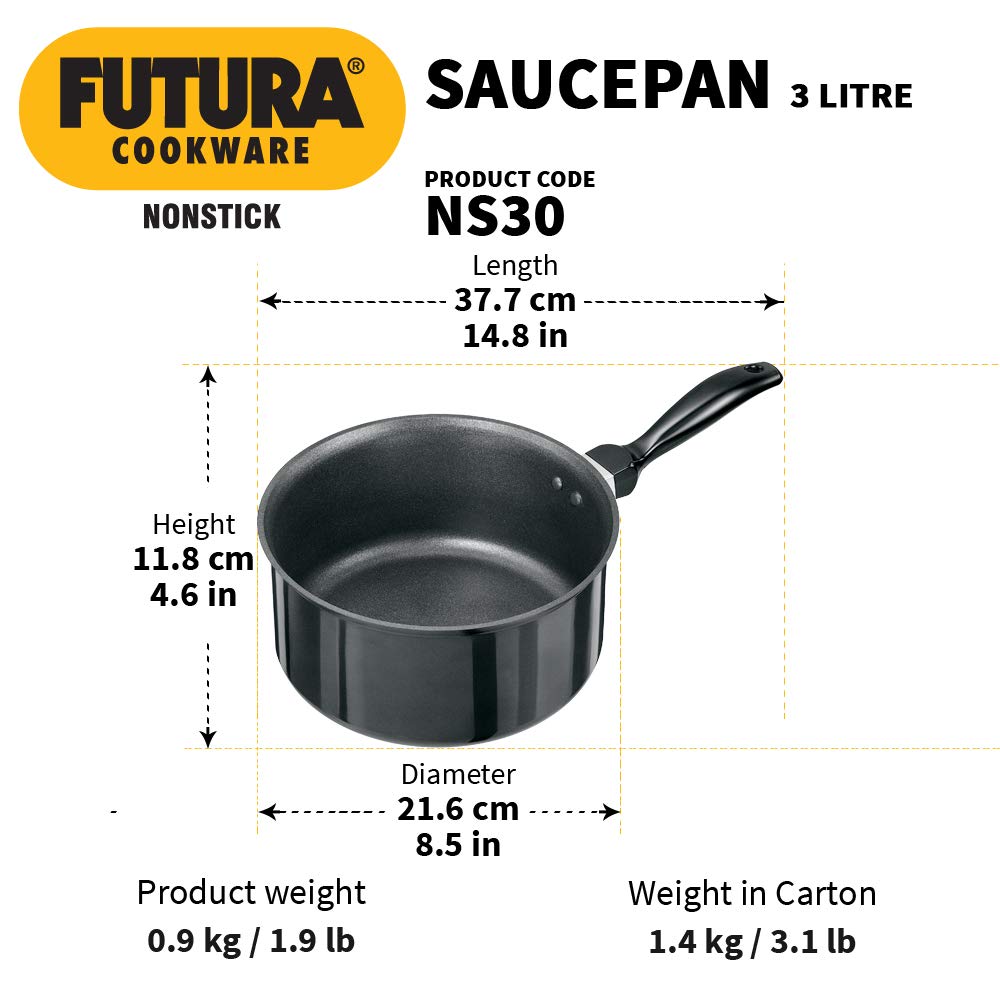 Hawkins Futura 3 Litre Saucepan, Non Stick Sauce Pan, Small Sauce Pan, Black (NS30)