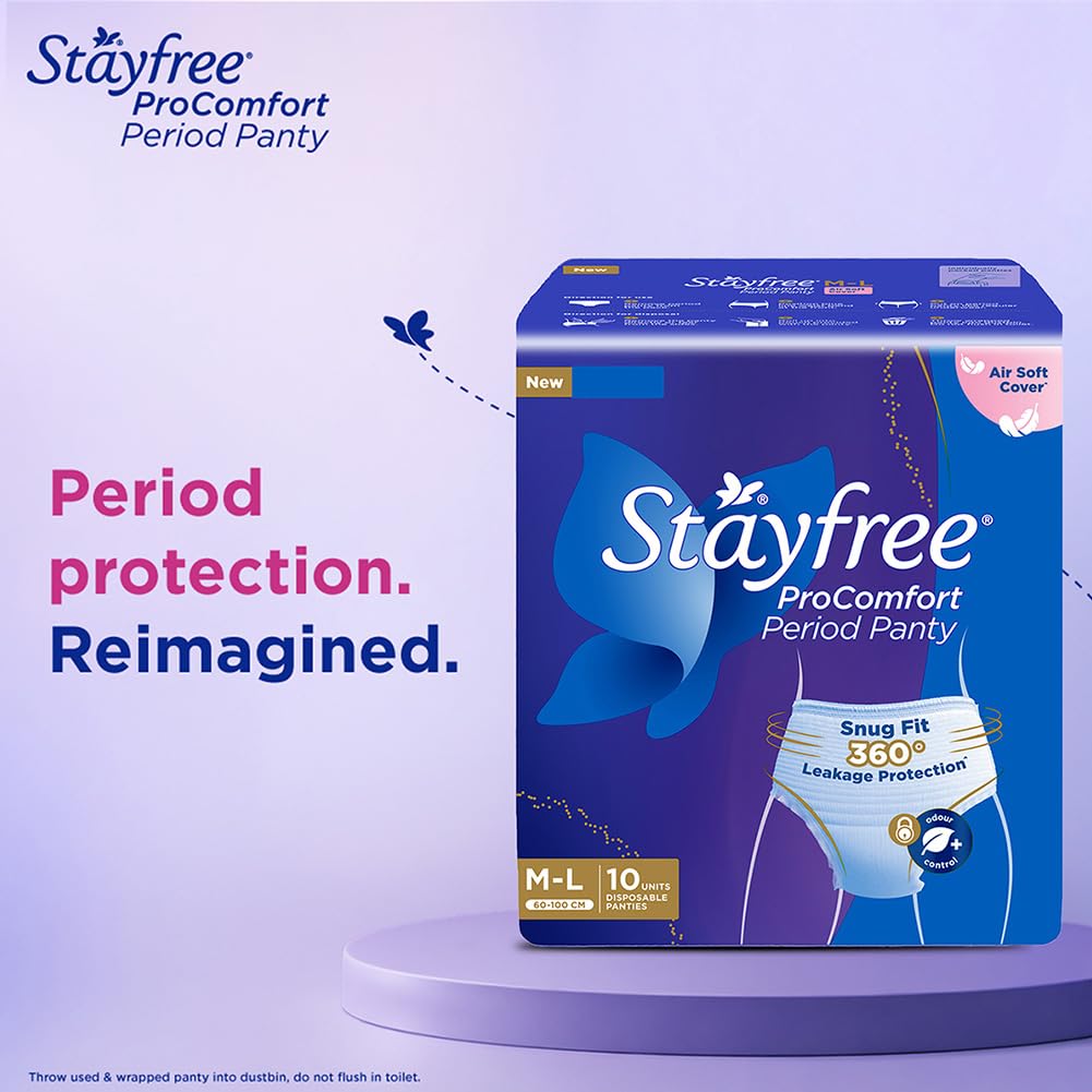 Stayfree ProComfort Period Panty for Women | Disposable Period Pants Pack of 10, M - L | Air Soft Cover | 360° Leakage Protection for Heavy Flow | Snug Fit | Odour Control