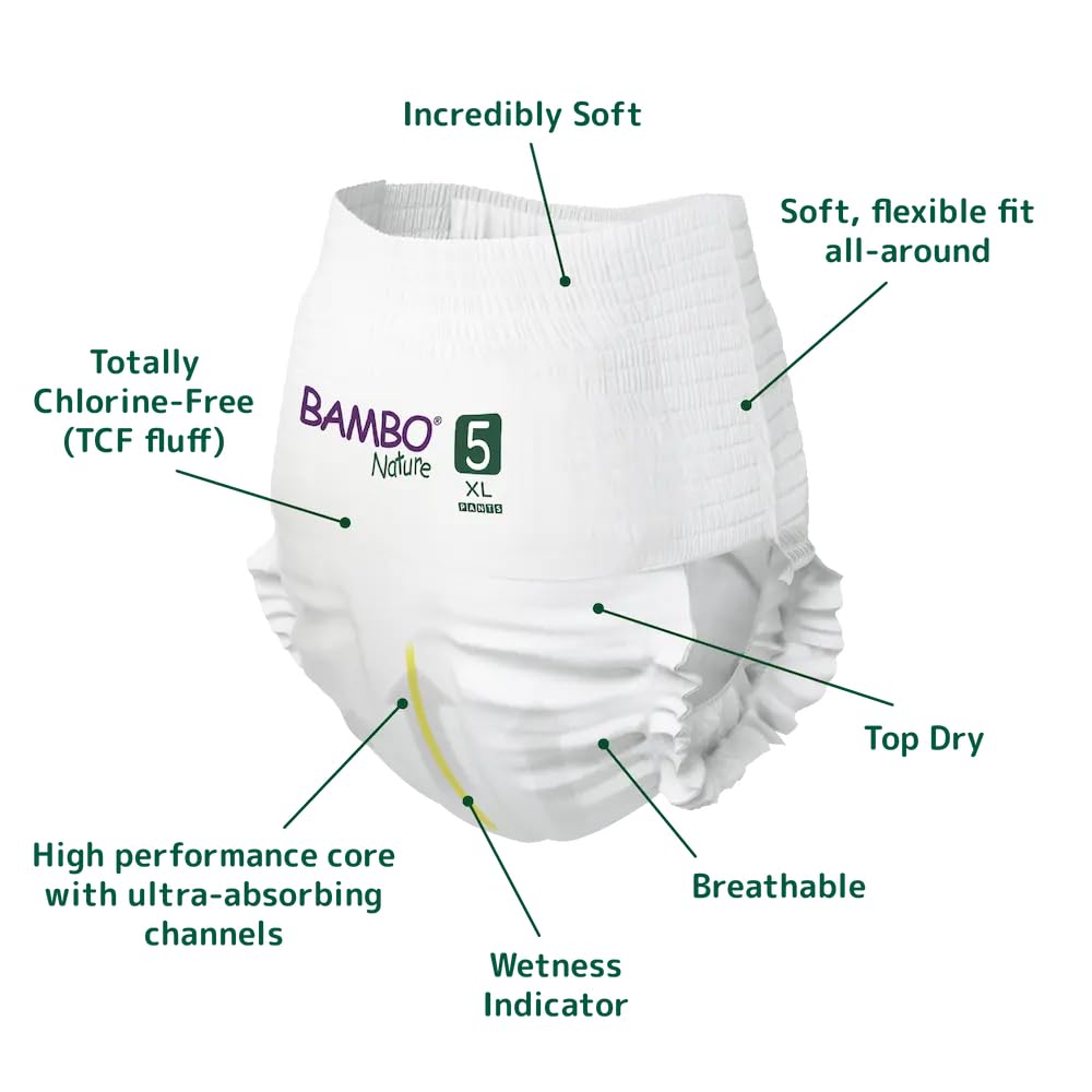 Bambo Nature Premium Baby Pants Diapers for Kids XL Size (11-17 Kgs), Super Absorbent, Breathable, Extra Soft, Dermatologically Tested Nappies, Bamboo Diaper With Wetness Indicator, 38 Count