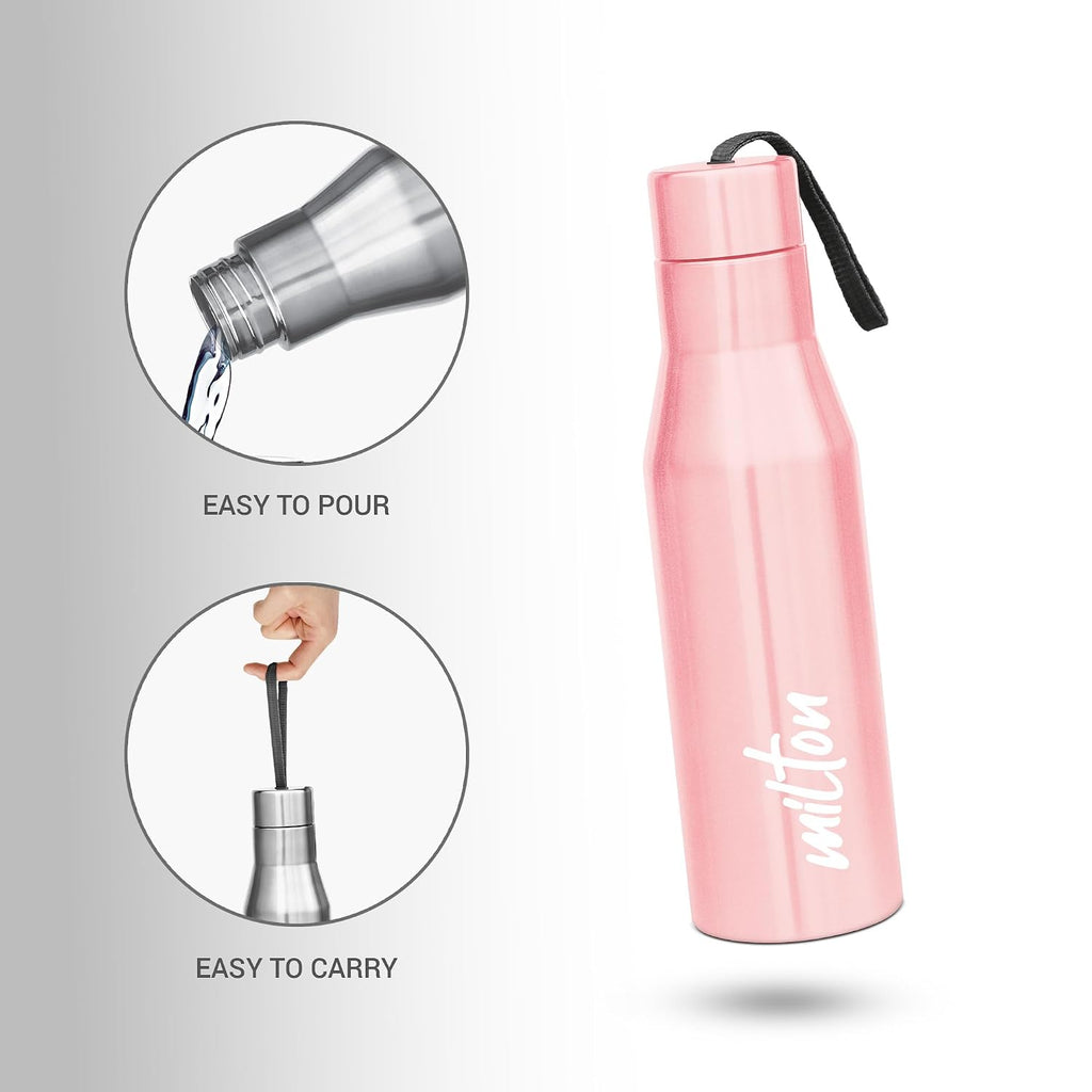 MILTON Super 1000 Stainless Steel Water Bottle 1 ltr, Single Walled, ISI Certified I Leak Proof Lid, Rust Proof I For School, Office, Gym I Light Pink