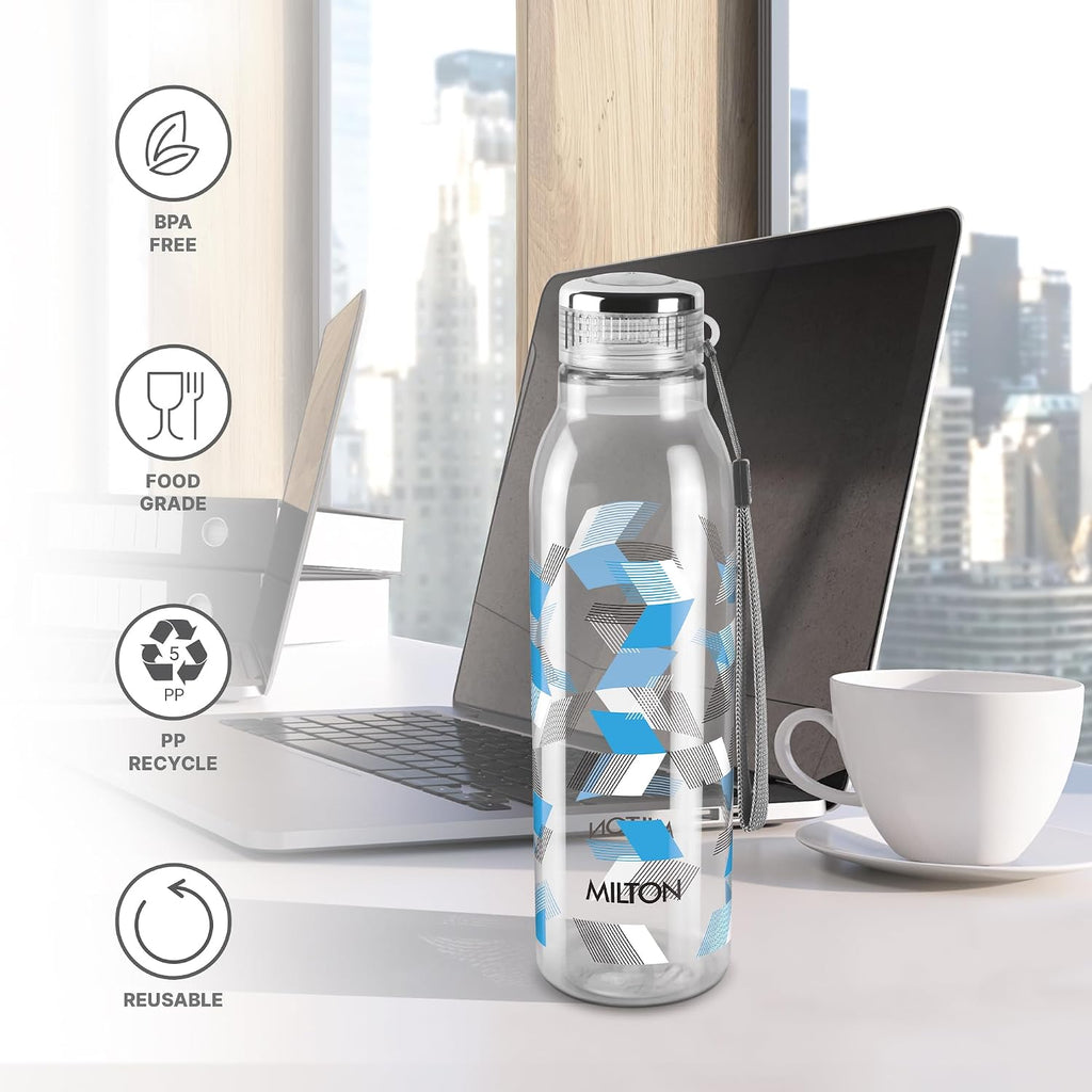 MILTON Helix 1000 Water Bottle, 1 Litre, Reusable Plastic Fridge Bottle, BPA Free and Leak Proof Bottles for Travel, Work, Pack of 1, Blue