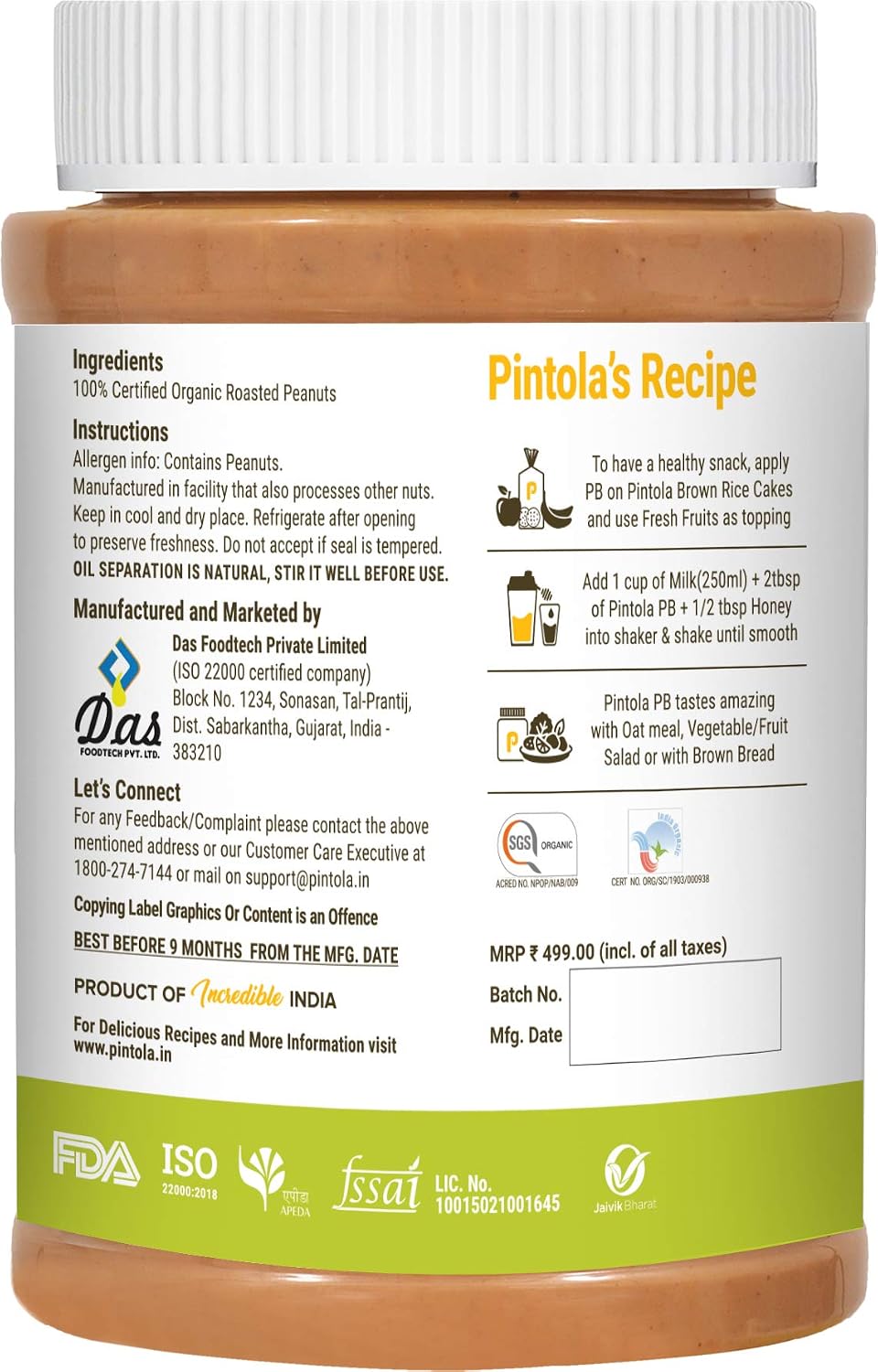 PINTOLA Organic Peanut Butter (Creamy) (1kg) (Pack of 3)