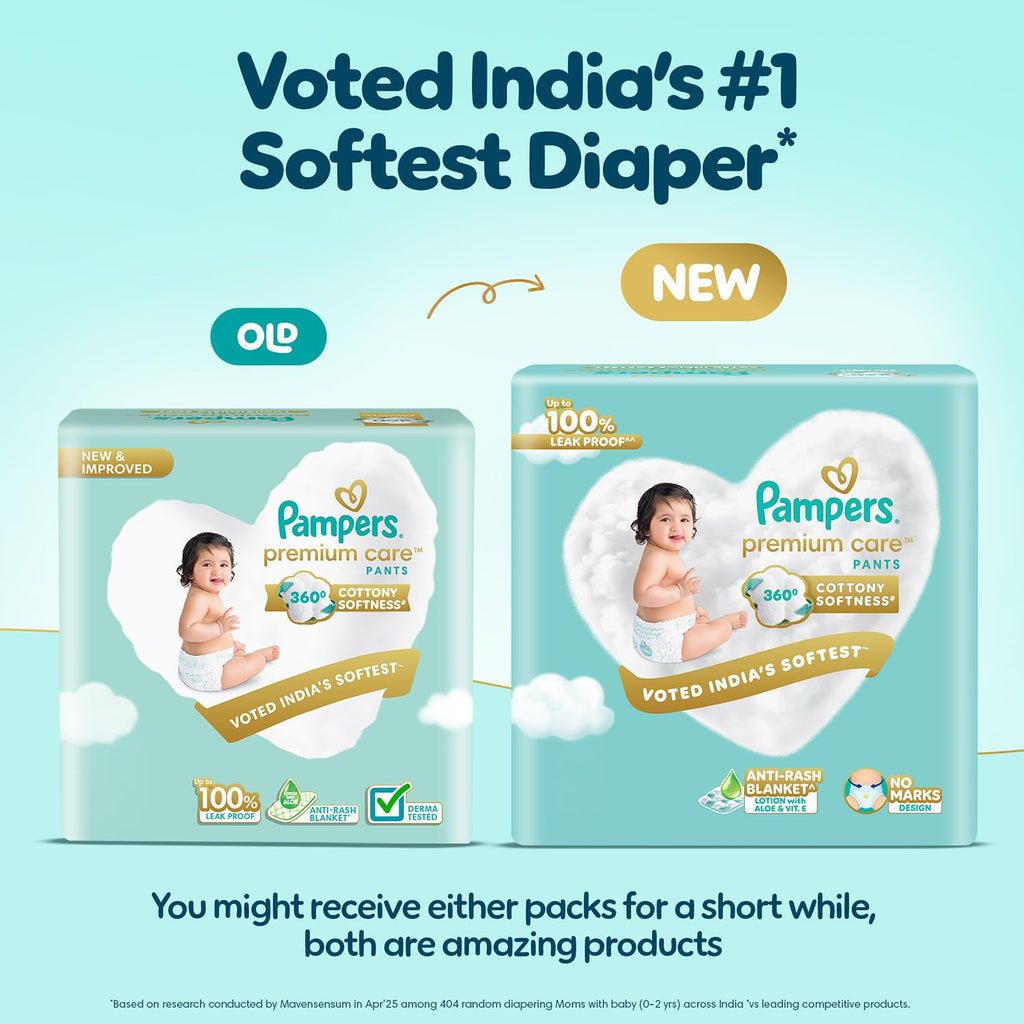 Pampers Premium Care Pant Style Baby Diapers M 216 Count | No Marks Design | Voted India’s #1 Softest Diaper | All in 1 diaper with 360 Cottony Softness