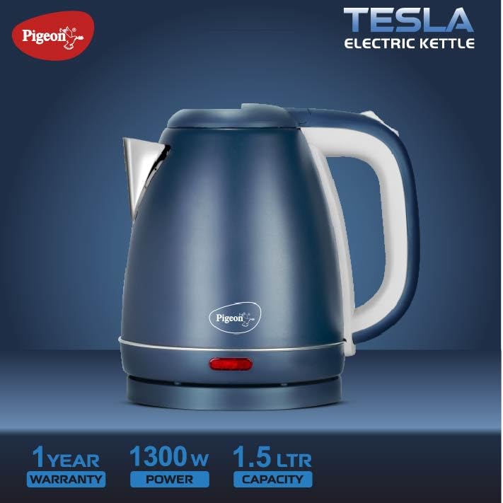 Pigeon Tesla Electric Kettle 1.5 L, 1300 Watt, Stainless Steel Body with Auto Shut-off Feature Used for Boiling Water - (Matt Blue)