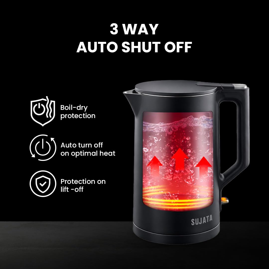 Sujata 1380 W Electric Kettle EK01 1.5 Litre | Strix Controller | Cool Touch | 3 Way Auto Shut Off | Stainless Steel | Double Wall Cool Touch | 360 Degree base | Black