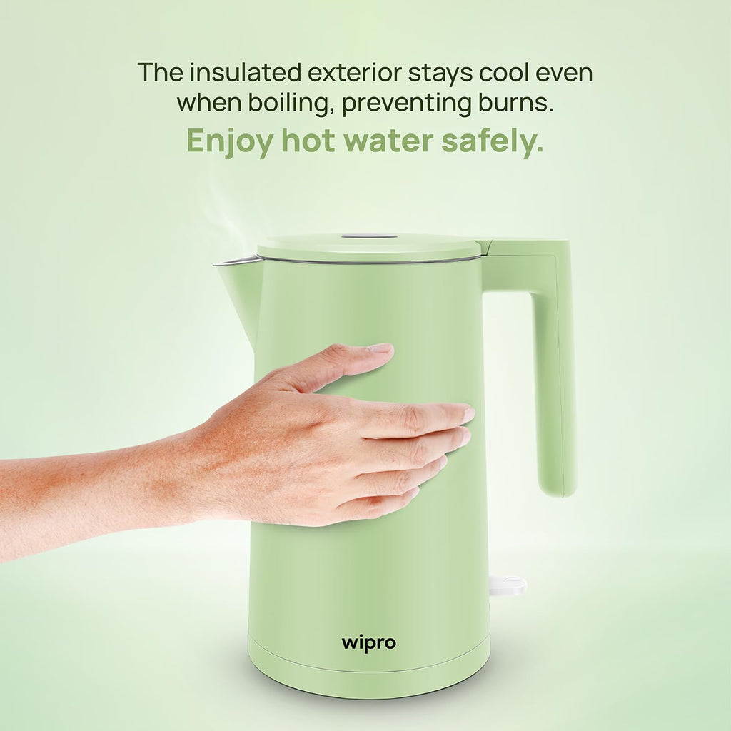 wipro ABS Elato BK211 Cool Touch Double Layer Electric Kettle, 1.7 Litres, Anti-Rust Shield, Super Fast Heating, 3X Protection-Overheating, Dry Boil & Auto Shut-Off,1200 Watts, 2 Years Warranty, Green