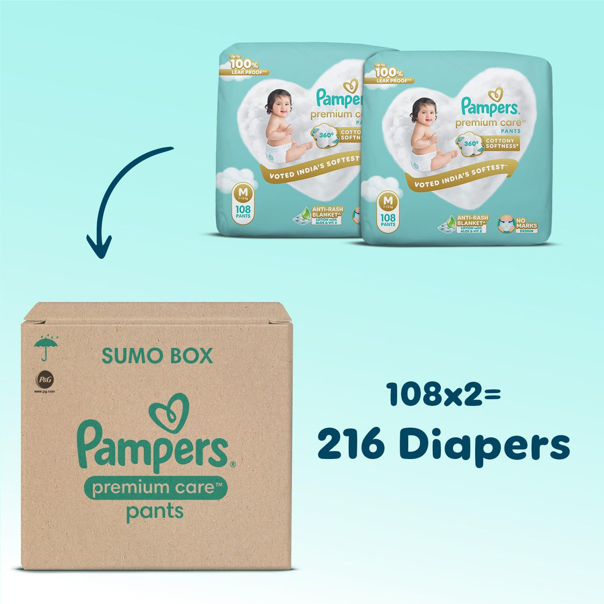Pampers Premium Care Pant Style Baby Diapers M 216 Count | No Marks Design | Voted India’s #1 Softest Diaper | All in 1 diaper with 360 Cottony Softness